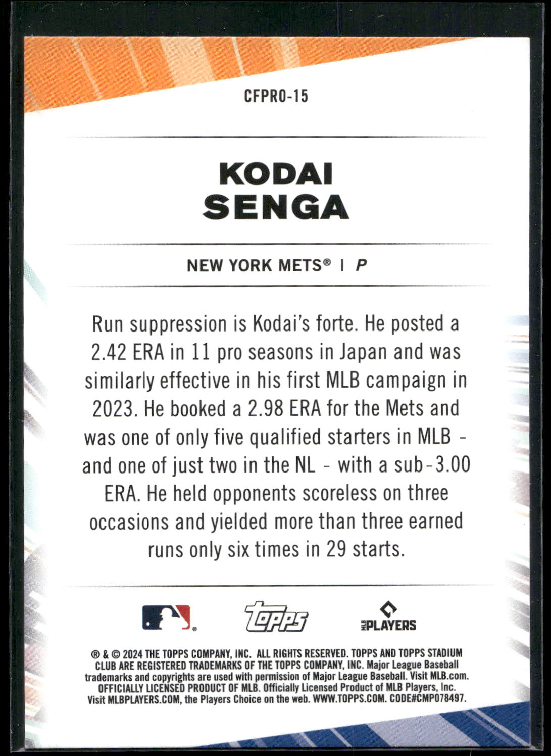 2024 Stadium Club #CFPRO-15 Kodai Senga Chief Fantasy Professionals