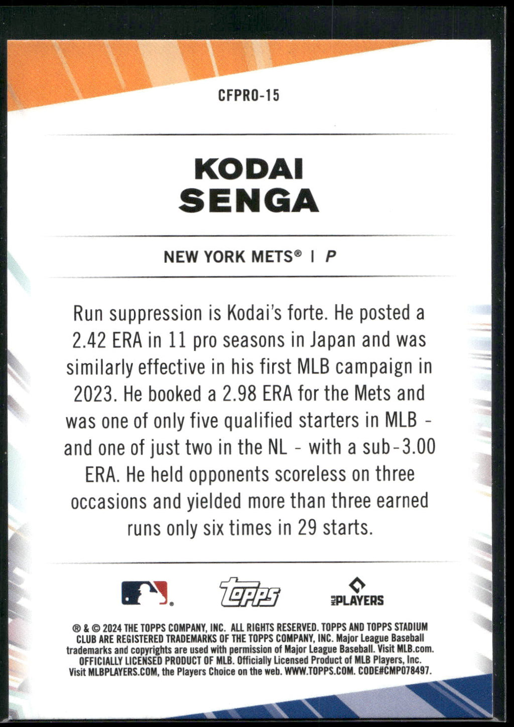 2024 Stadium Club #CFPRO-15 Kodai Senga Chief Fantasy Professionals