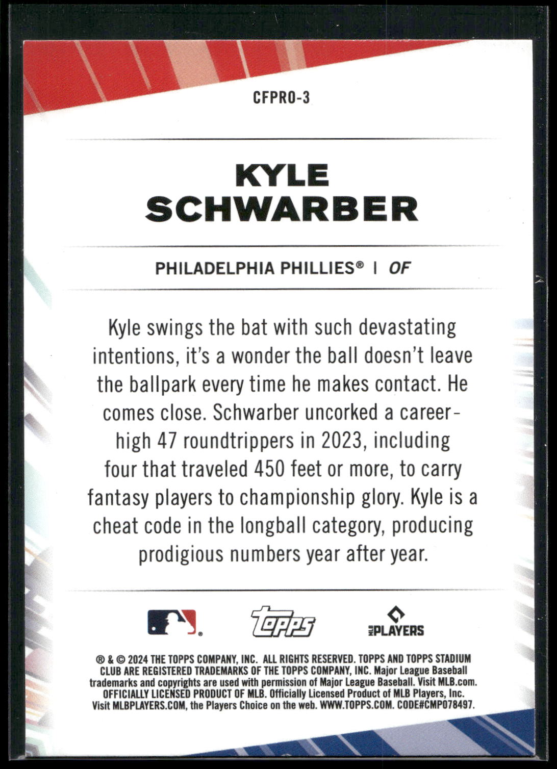 2024 Stadium Club #CFPRO-3 Kyle Schwarber Chief Fantasy Professionals