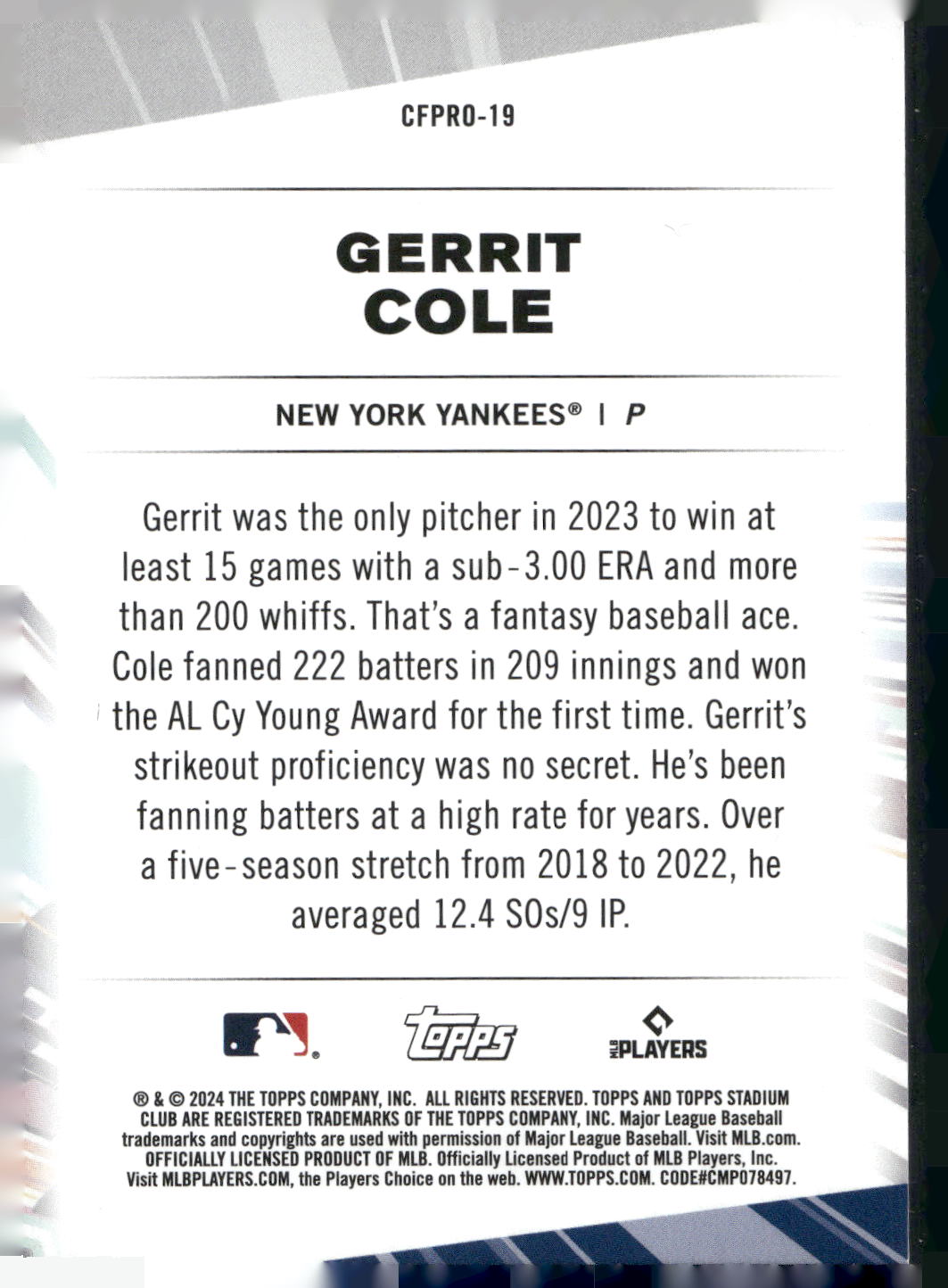 2024 Stadium Club #CFPRO-19 Gerrit Cole Chief Fantasy Professionals
