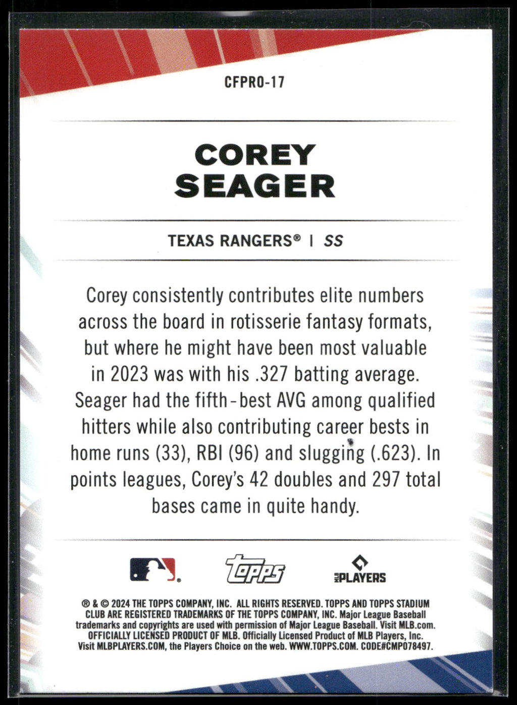 2024 Stadium Club #CFPRO-17 Corey Seager Chief Fantasy Professionals