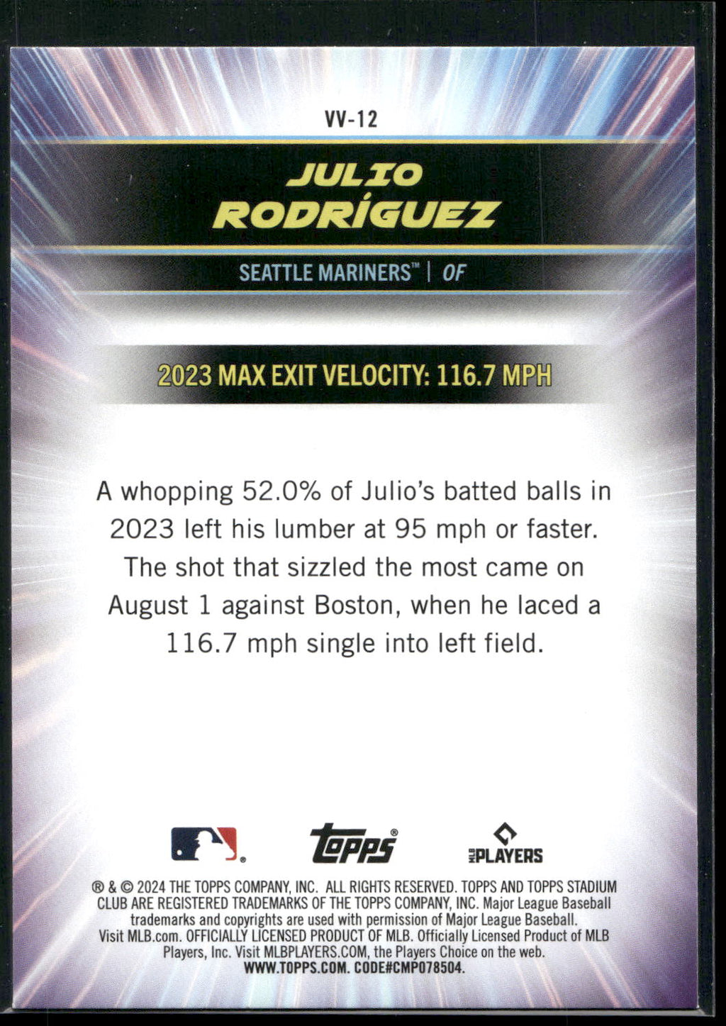 2024 Stadium Club #VV-12 Julio Rodriguez Virtuosos of Velocity