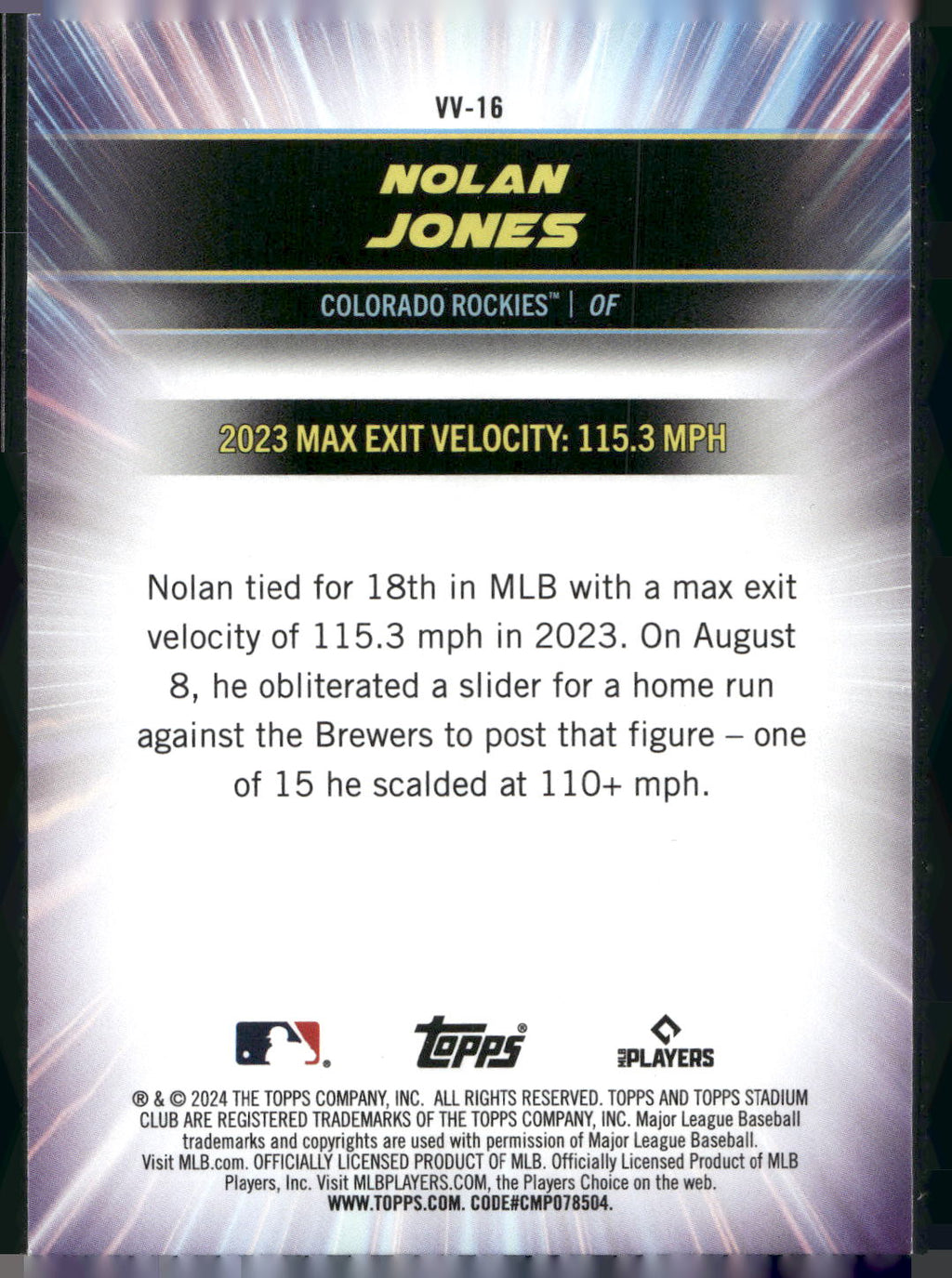 2024 Stadium Club #VV-16 Nolan Jones Virtuosos of Velocity