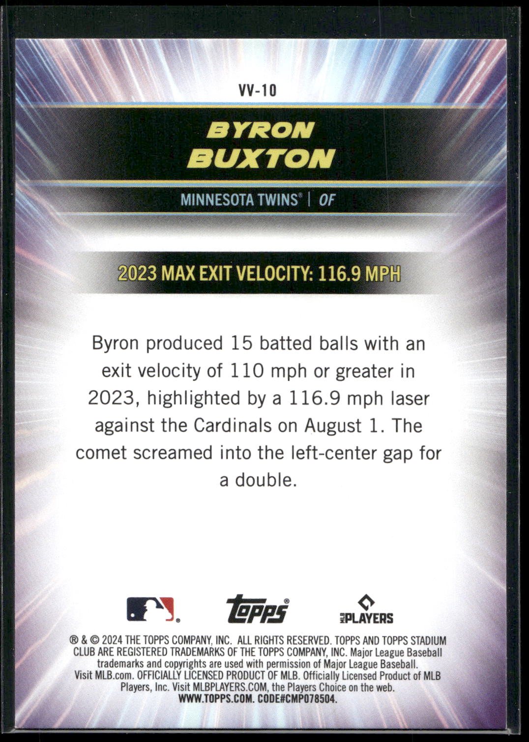 2024 Stadium Club #VV-10 Byron Buxton Virtuosos of Velocity