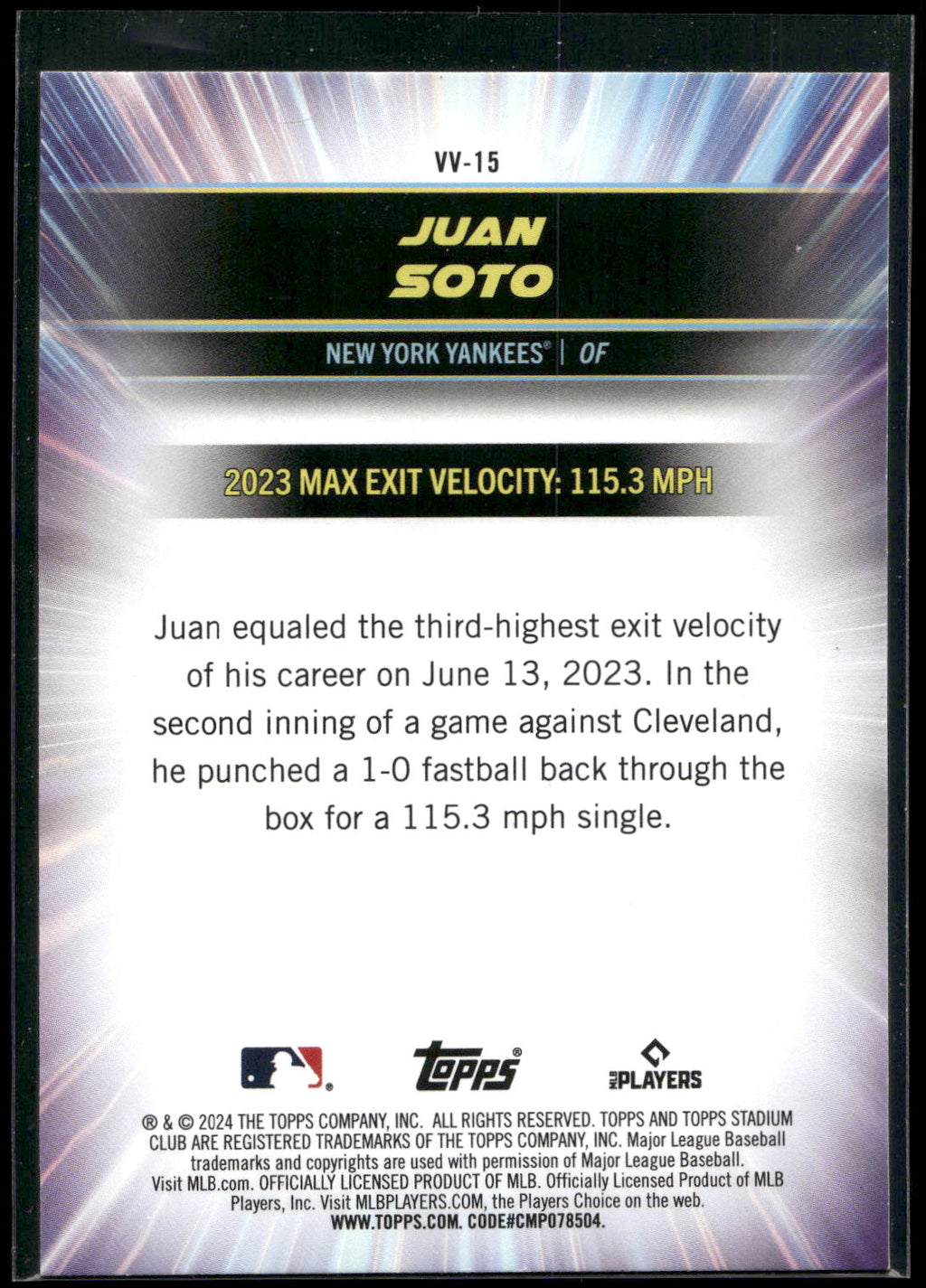 2024 Stadium Club #VV-15 Juan Soto Virtuosos of Velocity