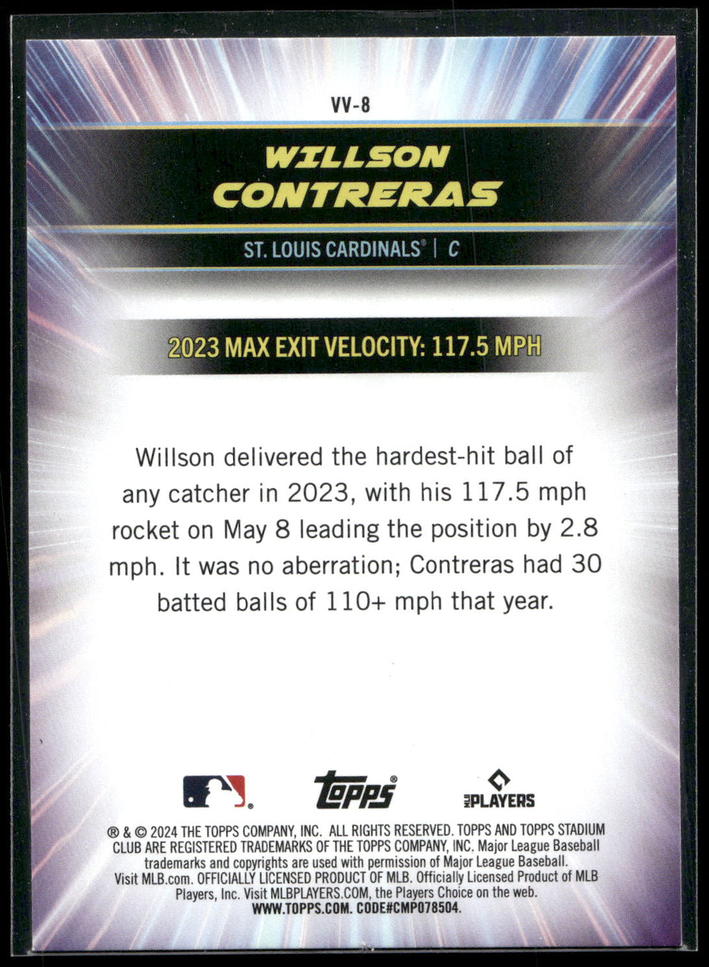 2024 Stadium Club #VV-8 Willson Contreras Virtuosos of Velocity