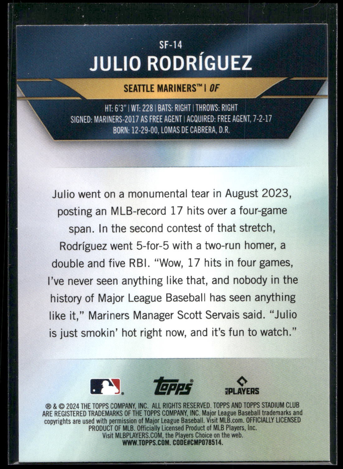 2024 Stadium Club #SF-14 Julio Rodríguez Special Forces