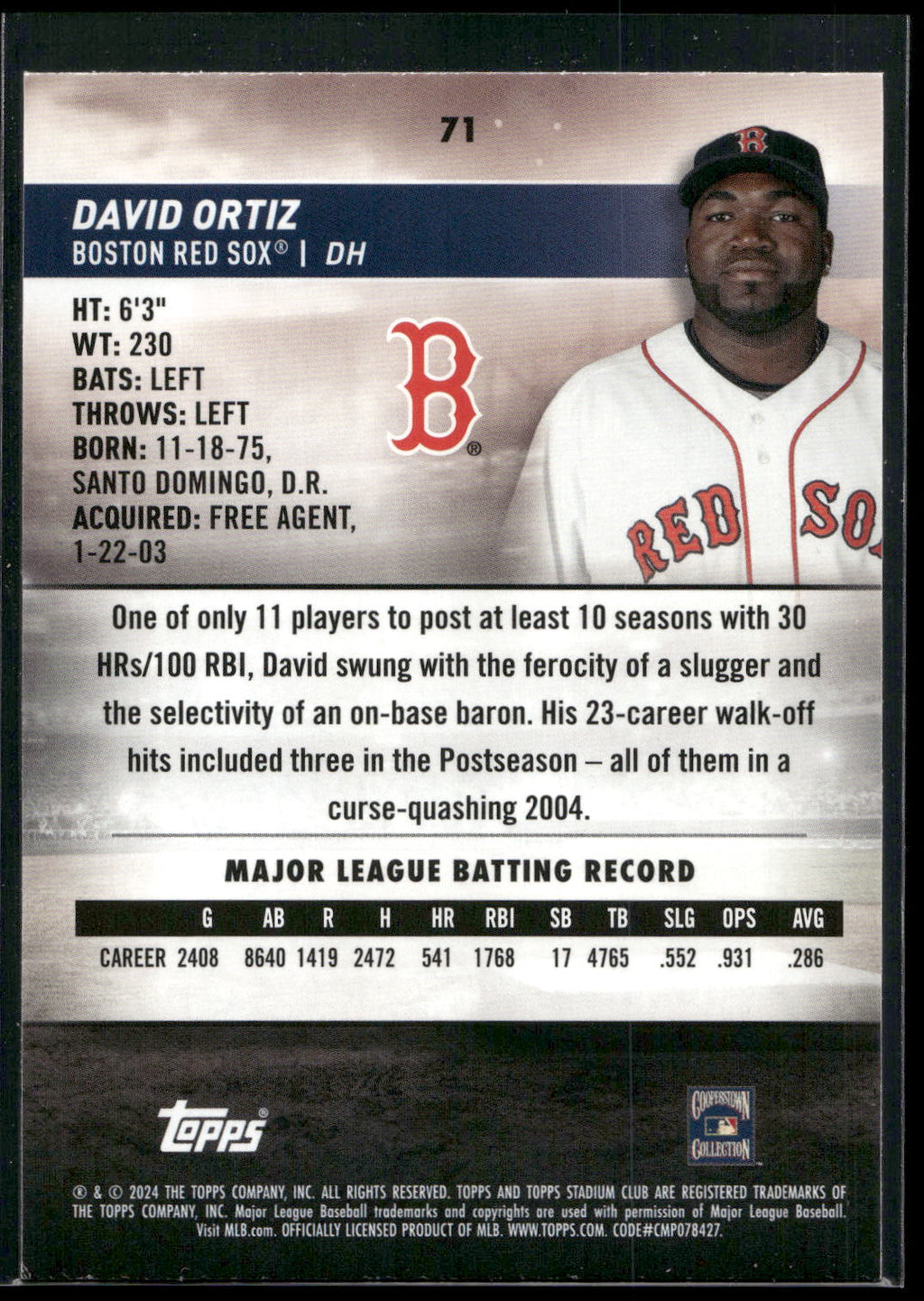 2024 Stadium Club #71 David Ortiz Red Foil
