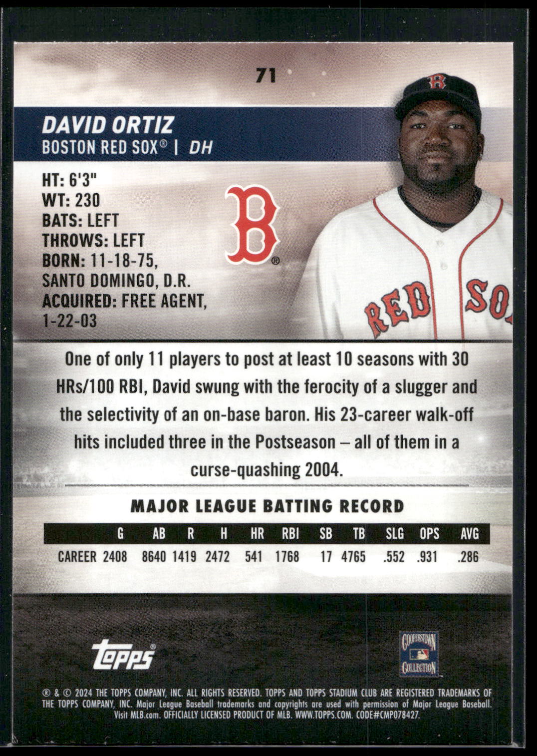 2024 Stadium Club #71 David Ortiz Red Foil