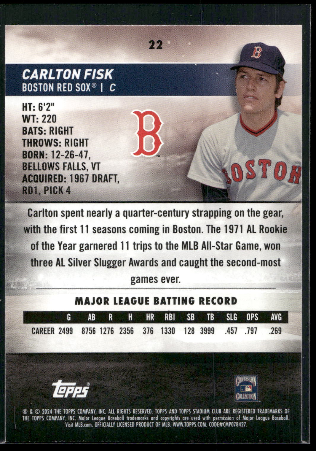 2024 Stadium Club #22 Carlton Fisk Red Foil