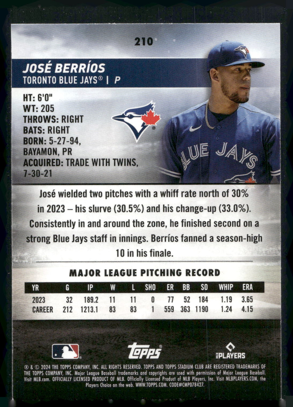 2024 Stadium Club #210 José Berríos Red Foil
