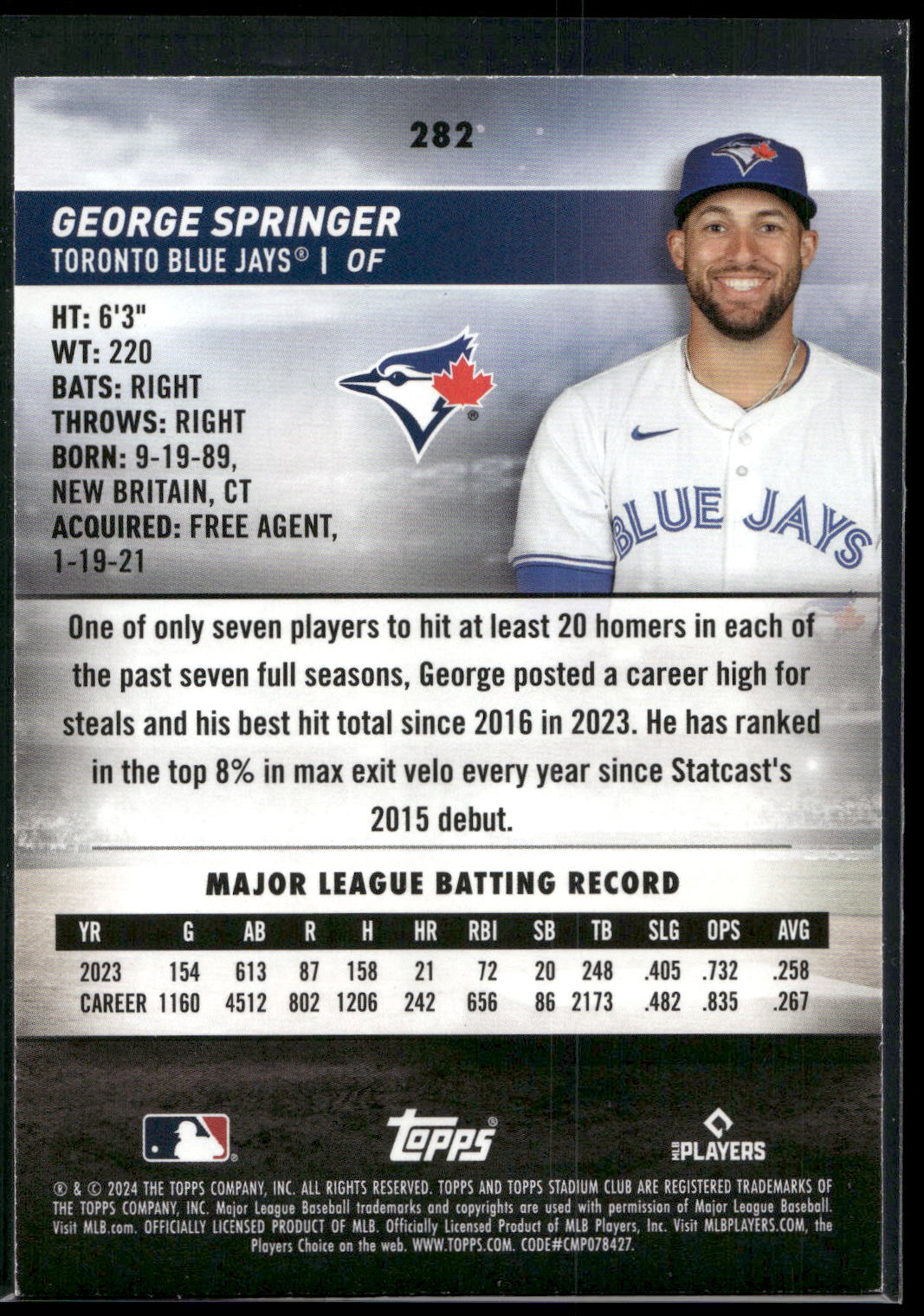 2024 Stadium Club #282 George Springer Red Foil