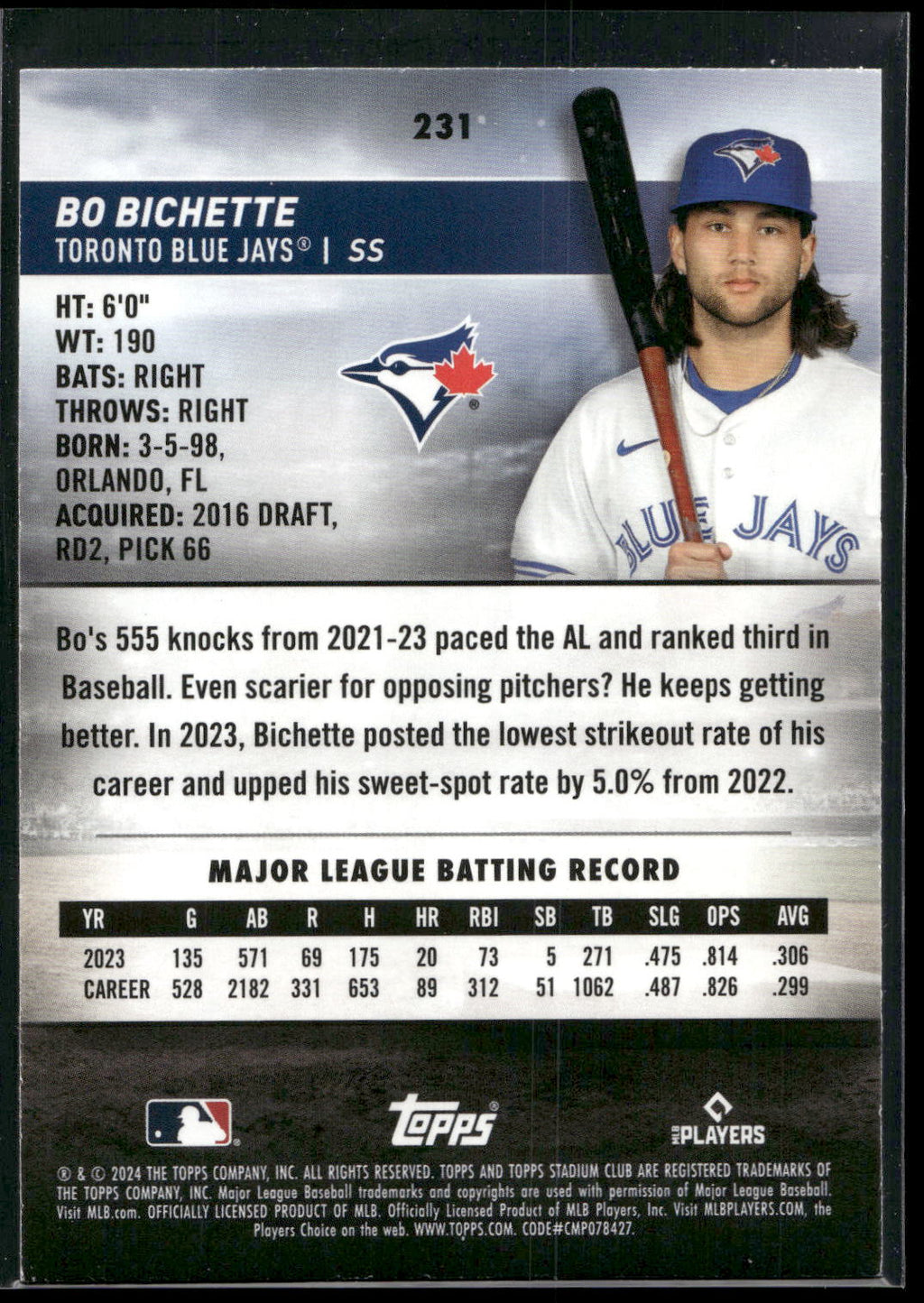 2024 Stadium Club #231 Bo Bichette Red Foil