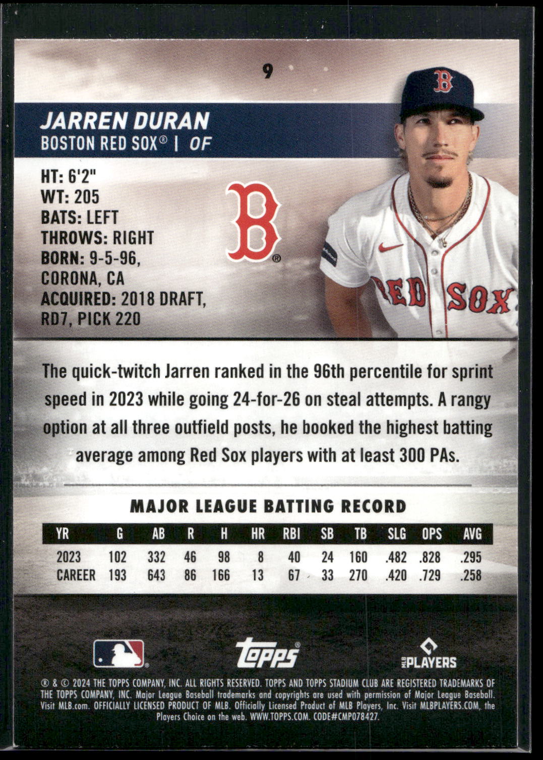 2024 Stadium Club #9 Jarren Duran Red Foil
