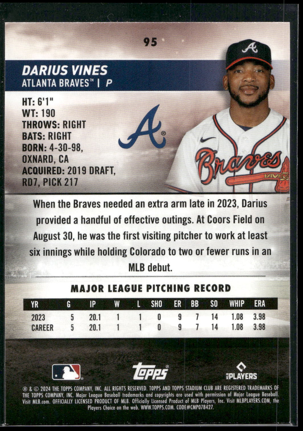 2024 Stadium Club #95 Darius Vines Red Foil