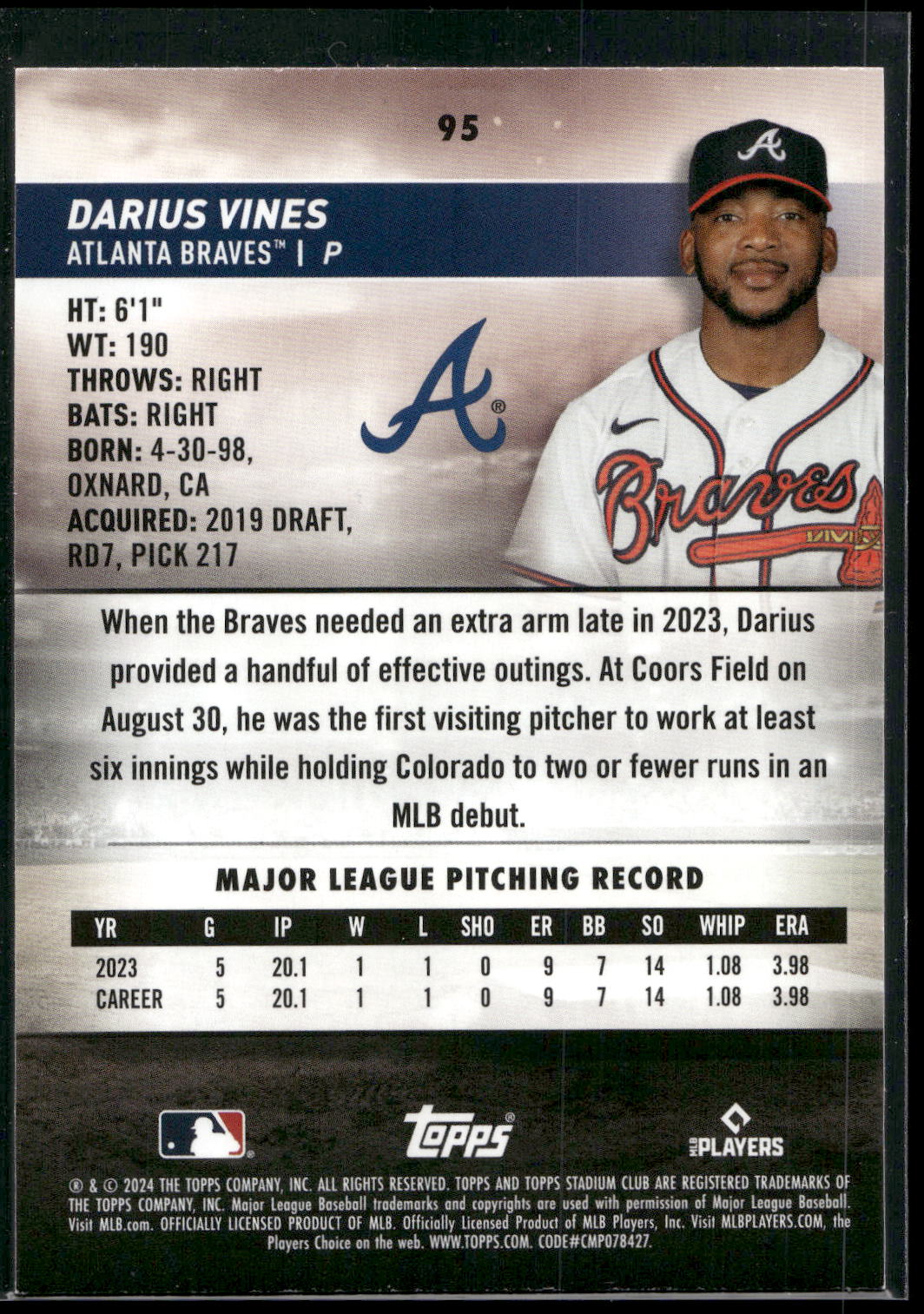 2024 Stadium Club #95 Darius Vines Red Foil