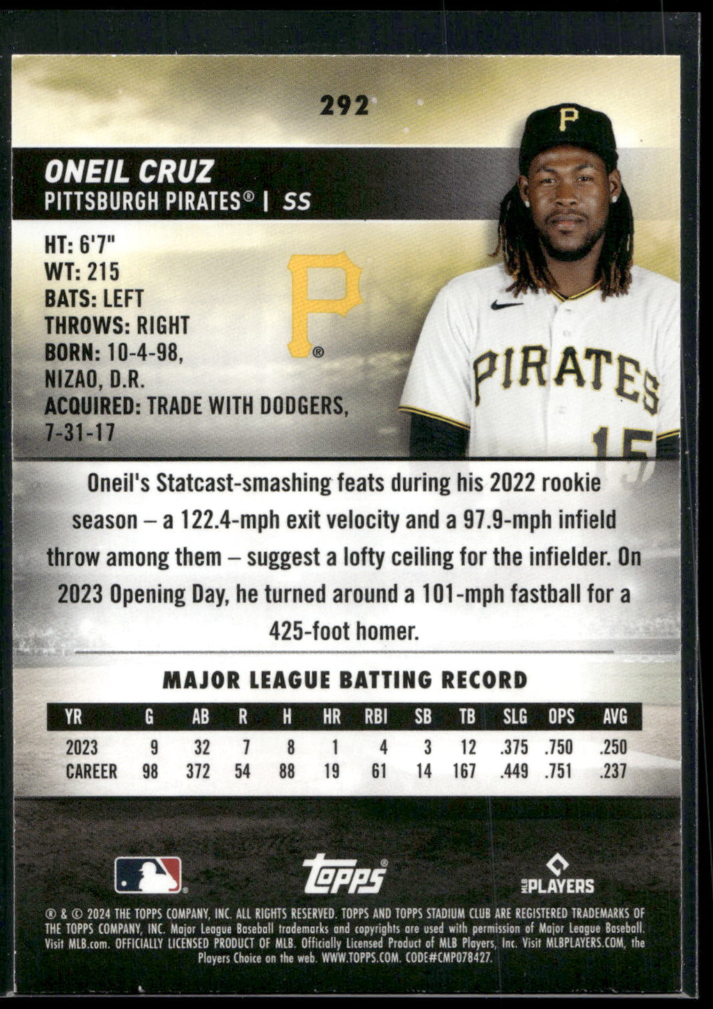 2024 Stadium Club #292 Oneil Cruz Red Foil