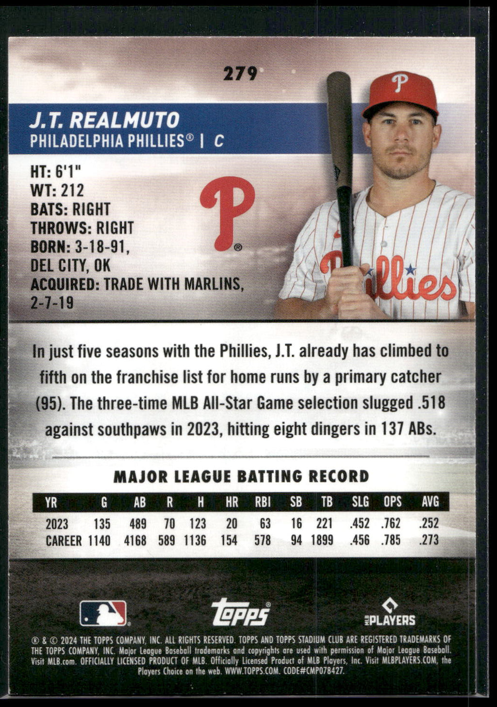 2024 Stadium Club #279 J.T. Realmuto Red Foil