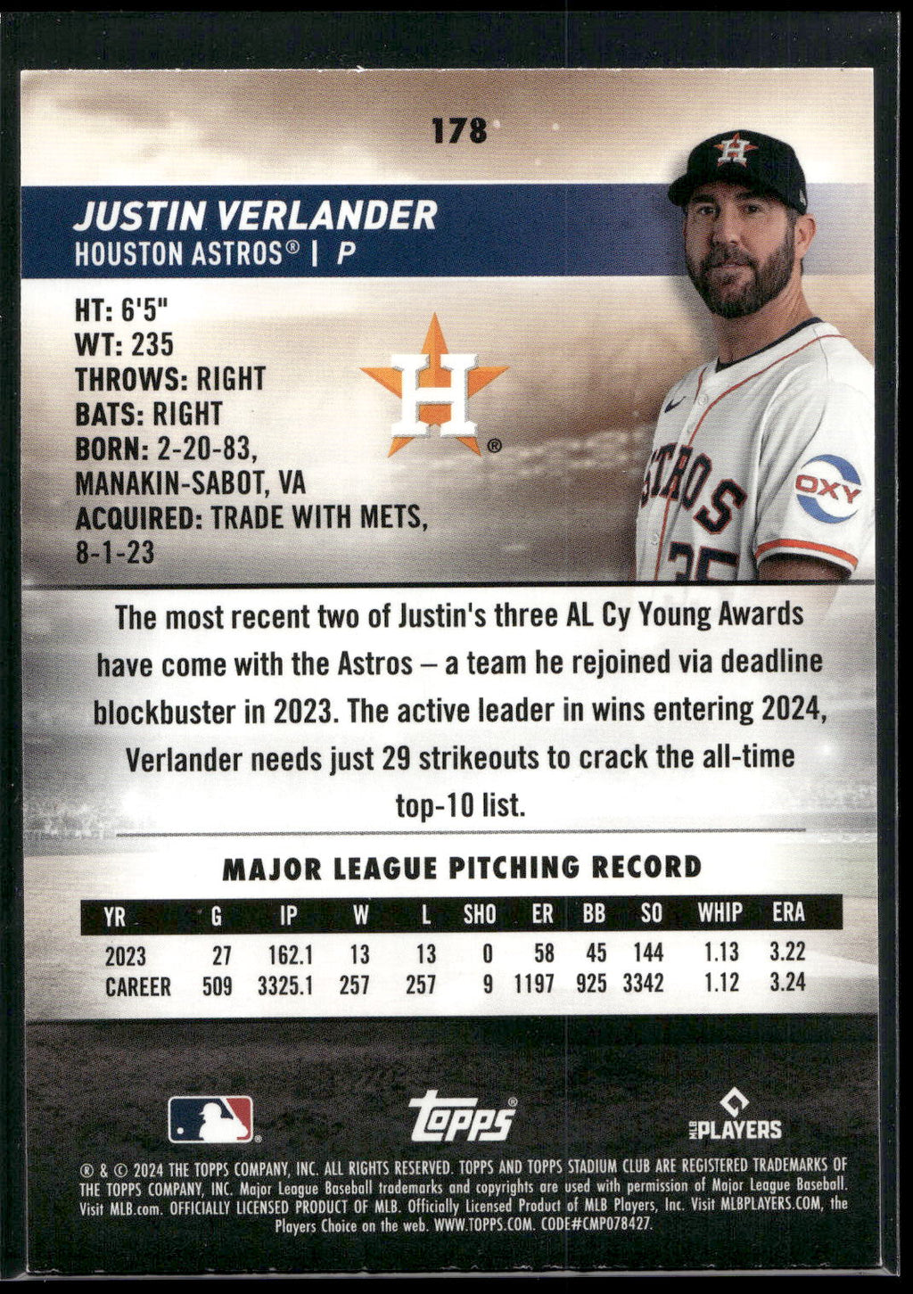 2024 Stadium Club #178 Justin Verlander Red Foil