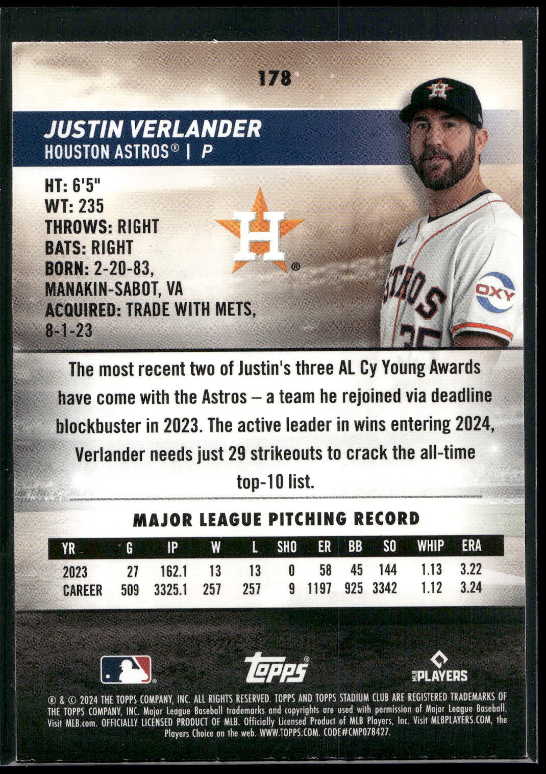2024 Stadium Club #178 Justin Verlander Red Foil