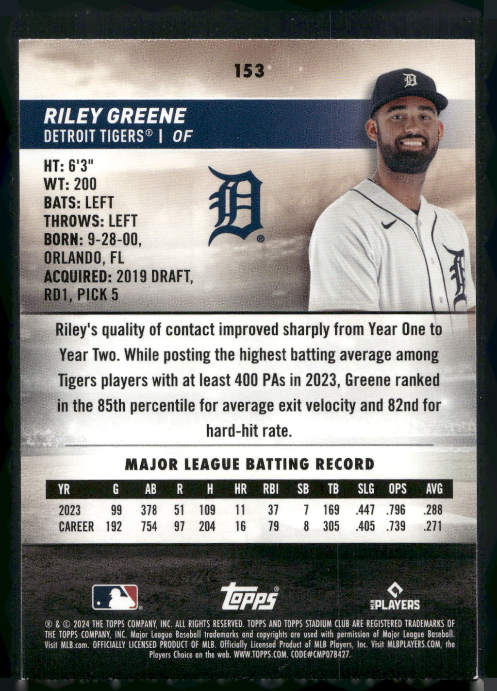 2024 Stadium Club #153 Riley Greene Red Foil