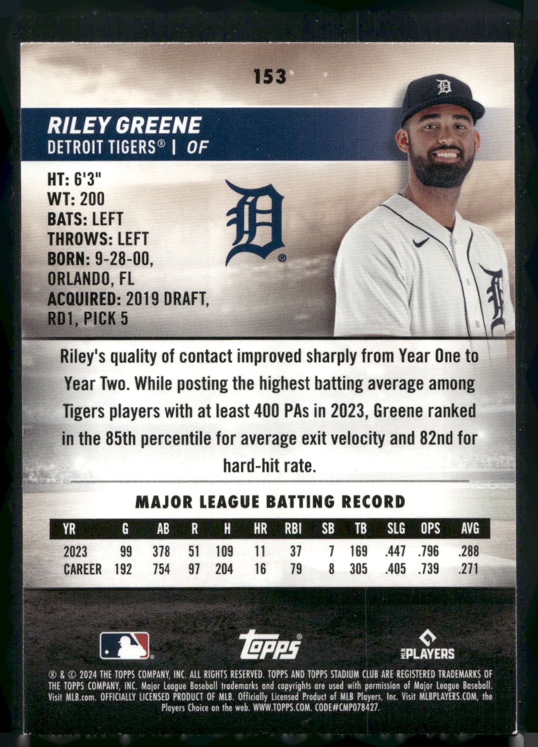 2024 Stadium Club #153 Riley Greene Red Foil