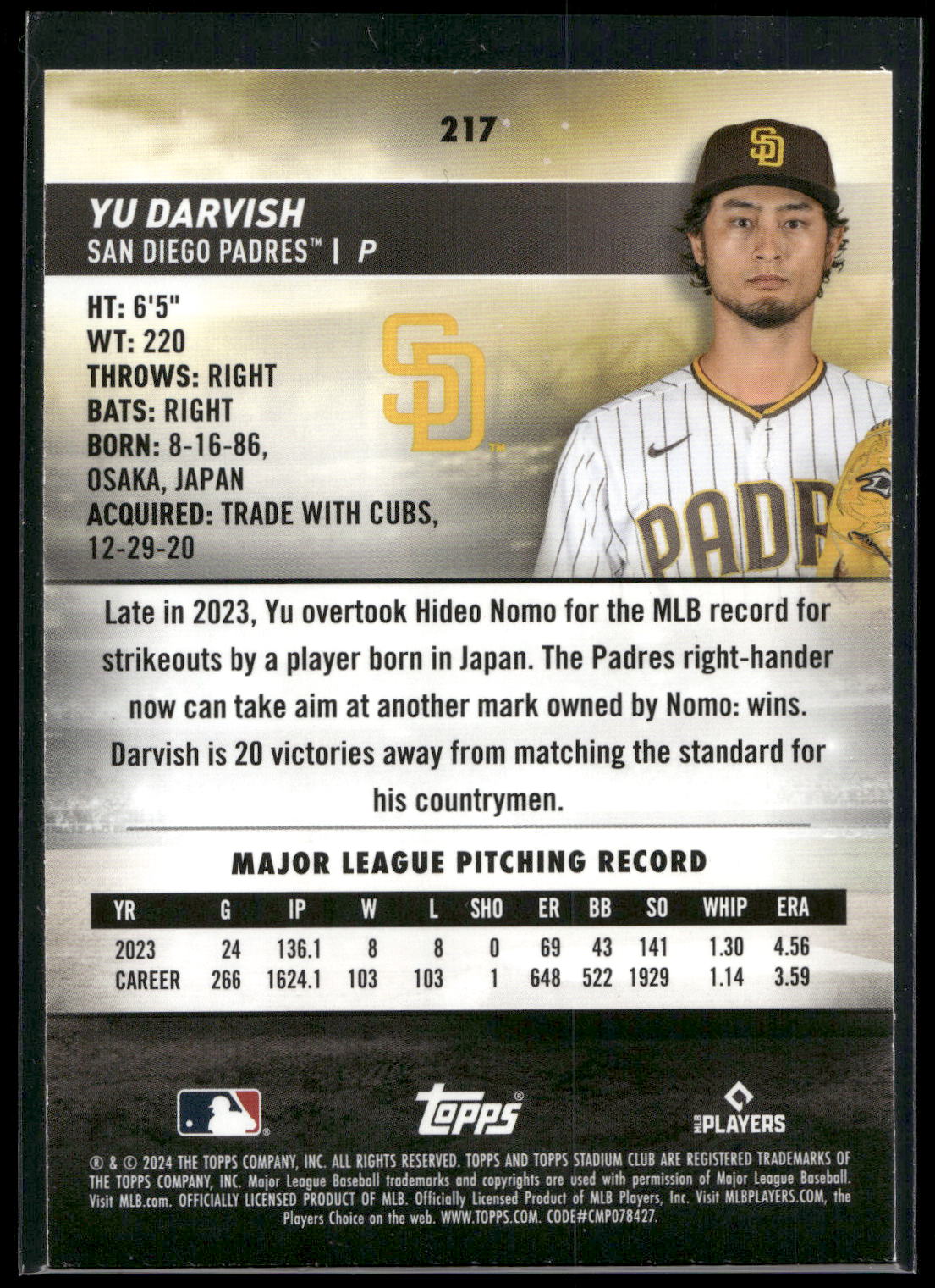 2024 Stadium Club #217 Yu Darvish Red Foil