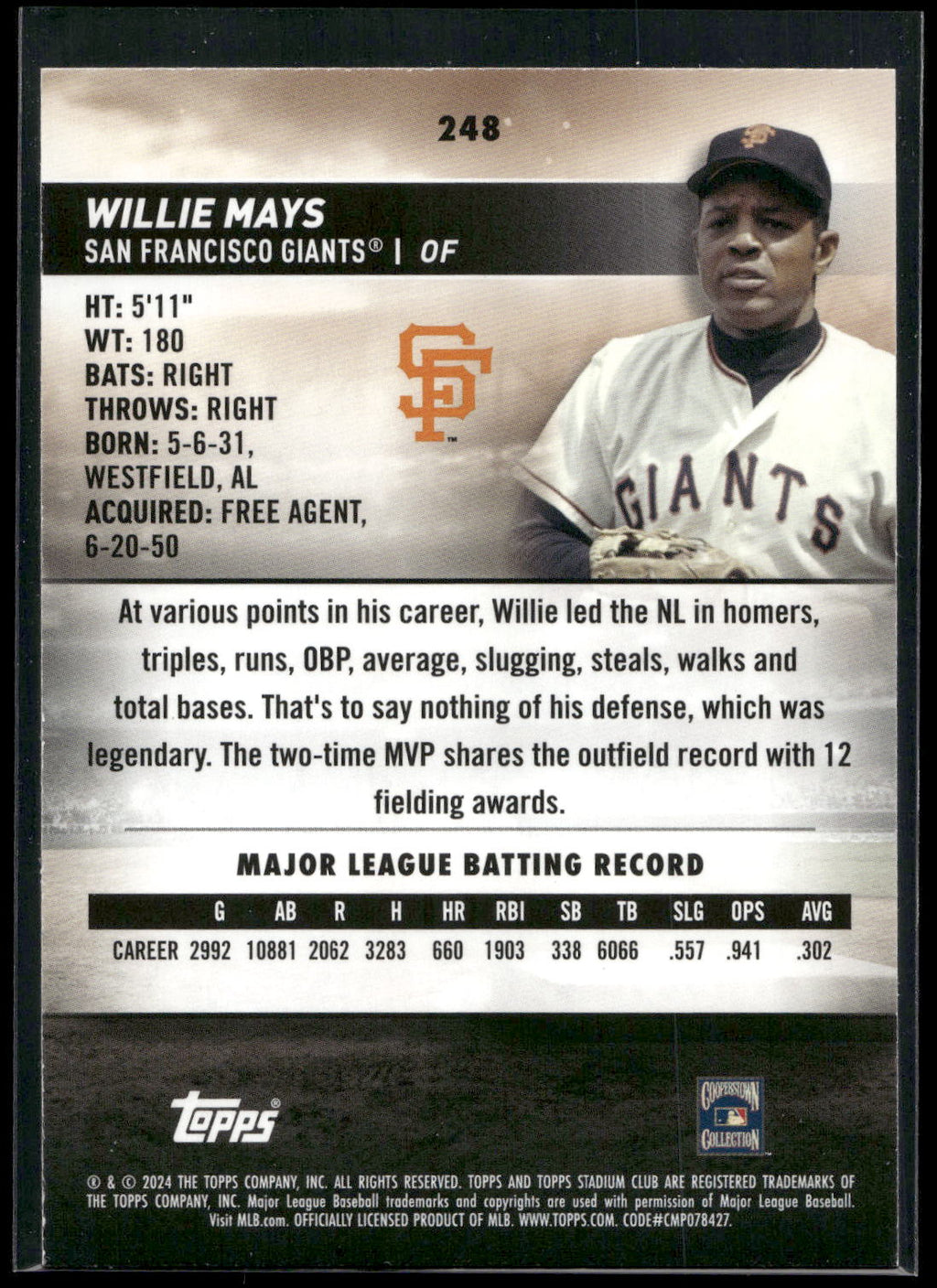 2024 Stadium Club #248 Willie Mays Red Foil