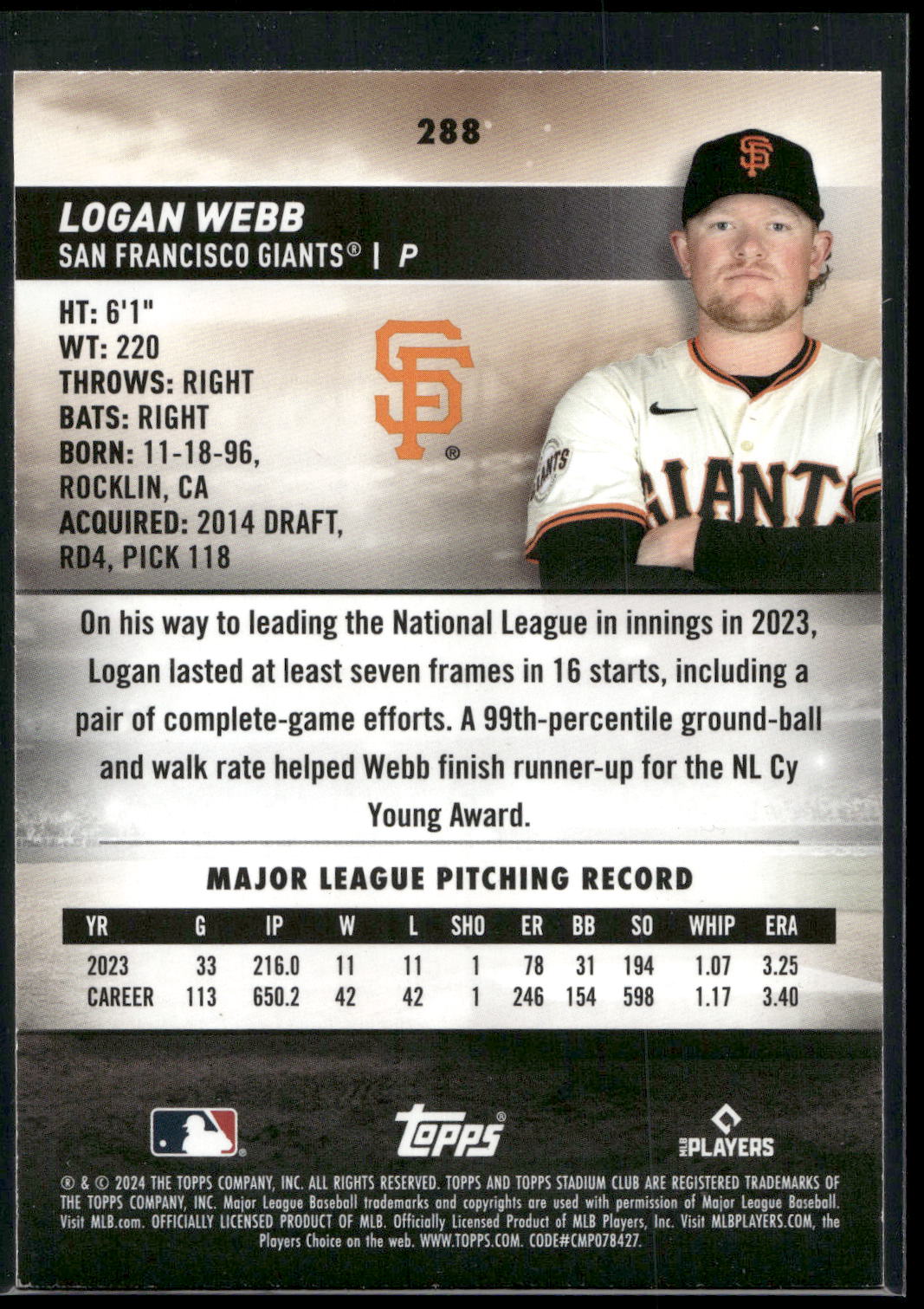 2024 Stadium Club #288 Logan Webb Red Foil