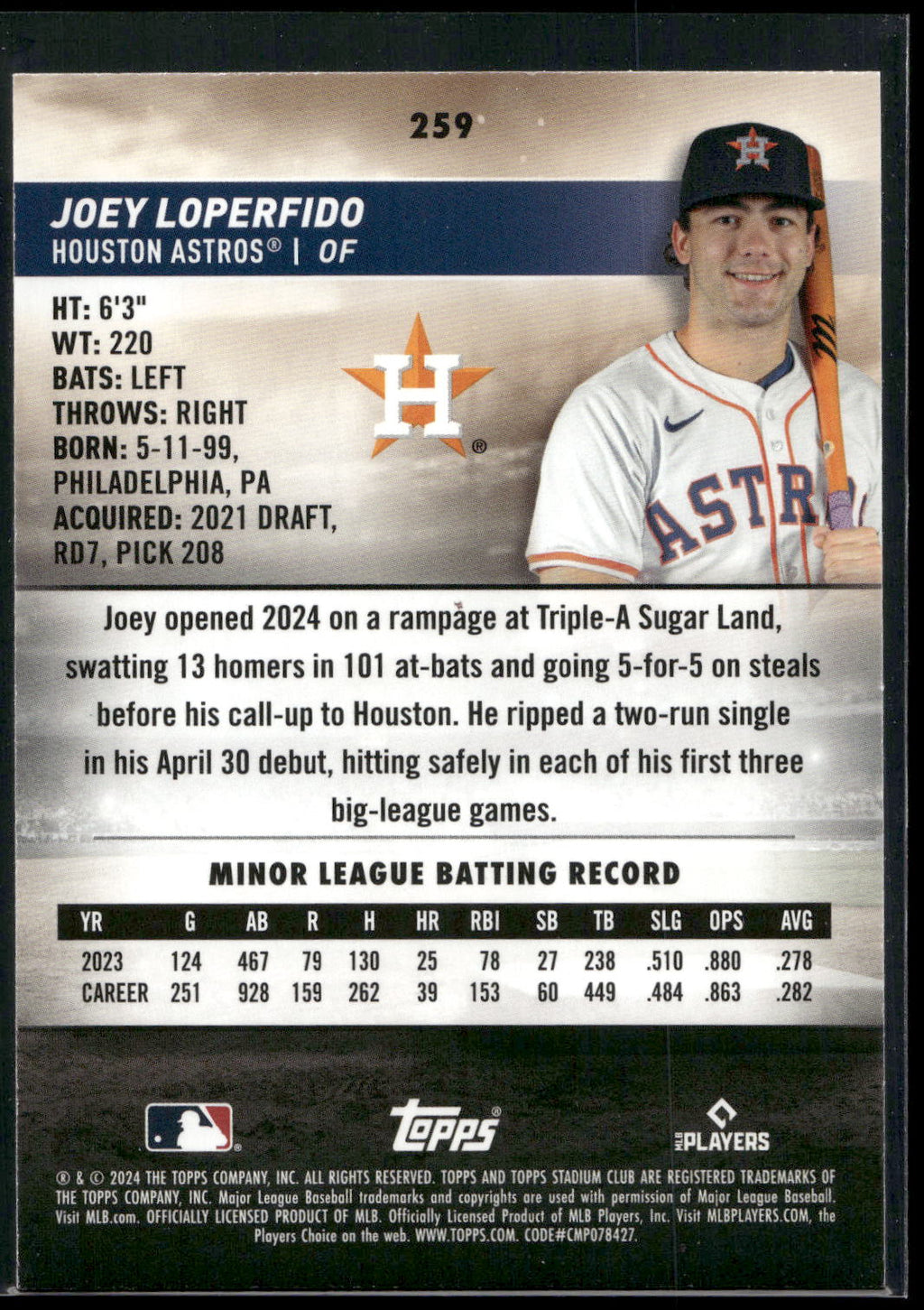 2024 Stadium Club #259 Joey Loperfido Red Foil