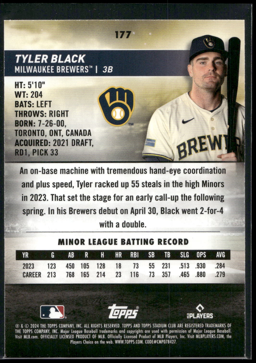 2024 Stadium Club #177 Tyler Black Red Foil