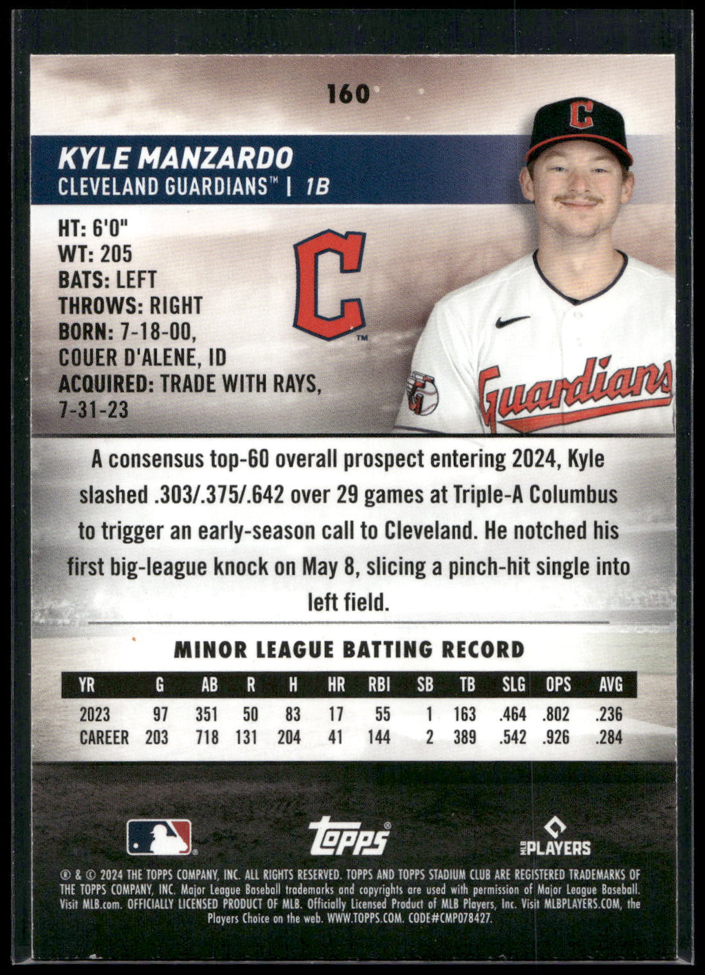 2024 Stadium Club #160 Kyle Manzardo Red Foil
