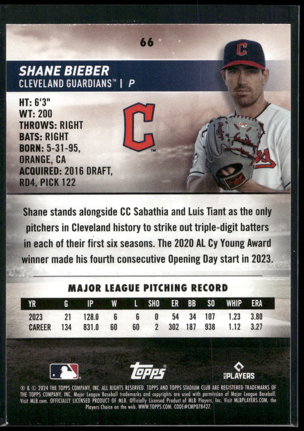 2024 Stadium Club #66 Shane Bieber Red Foil