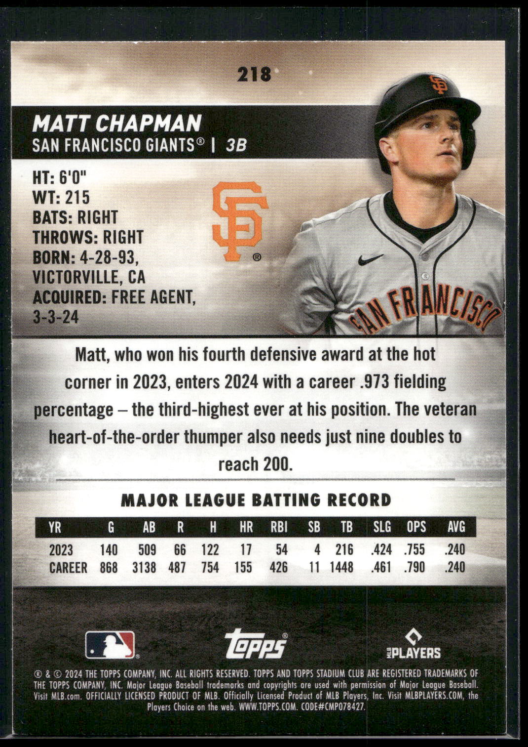 2024 Stadium Club #218 Matt Chapman Red Foil
