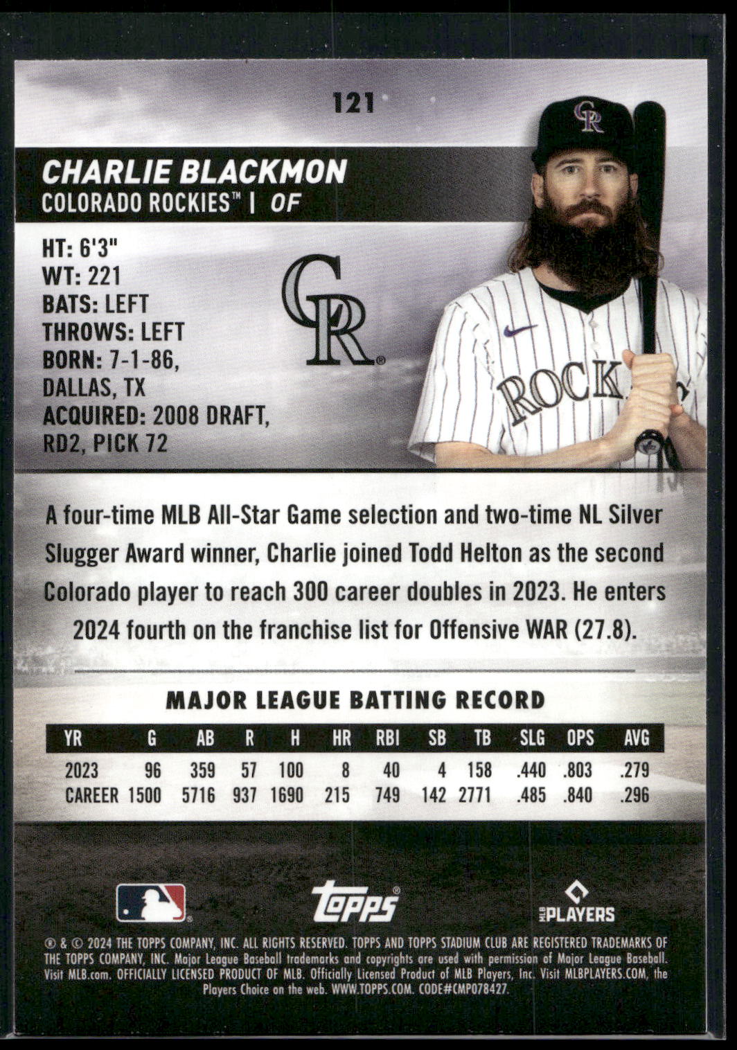 2024 Stadium Club #121 Charlie Blackmon Red Foil