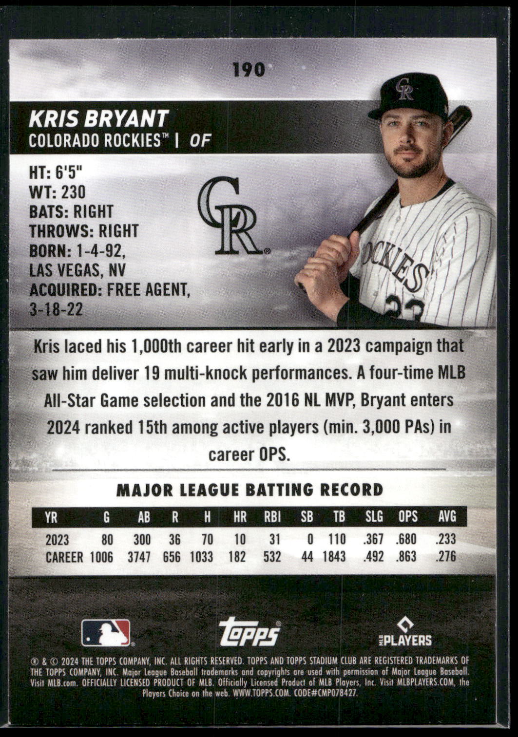 2024 Stadium Club #190 Kris Bryant Red Foil