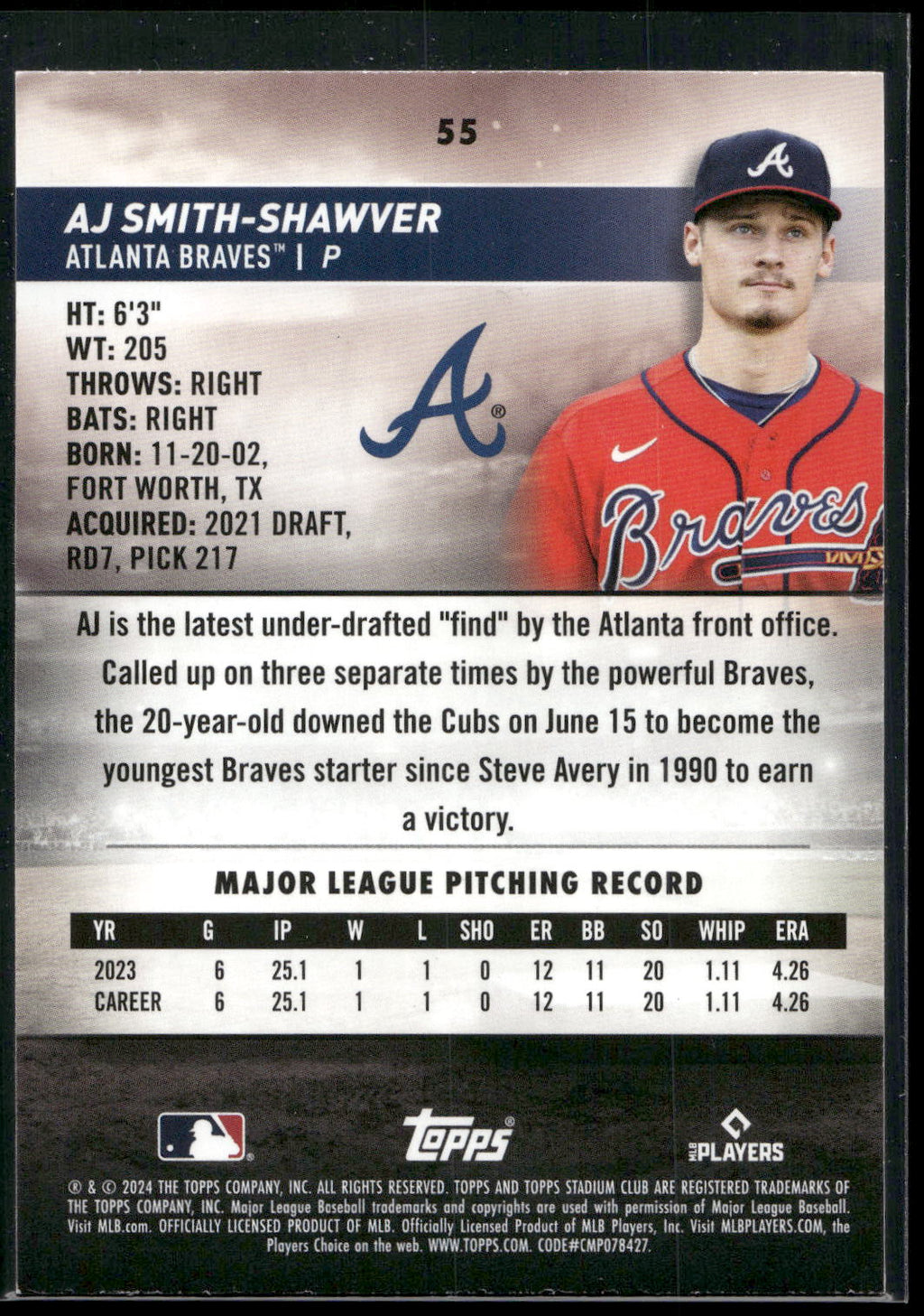 2024 Stadium Club #55 AJ Smith-Shawver Red Foil