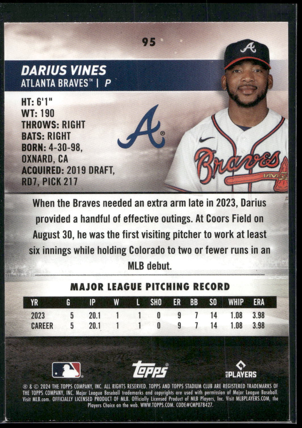 2024 Stadium Club #95 Darius Vines Red Foil