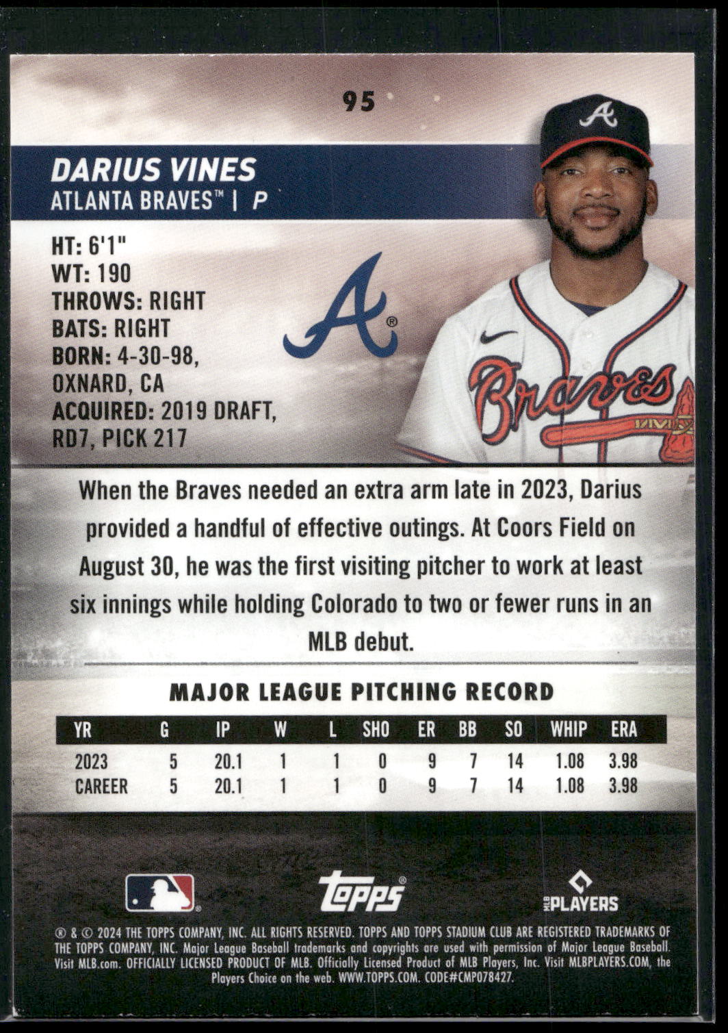 2024 Stadium Club #95 Darius Vines Red Foil