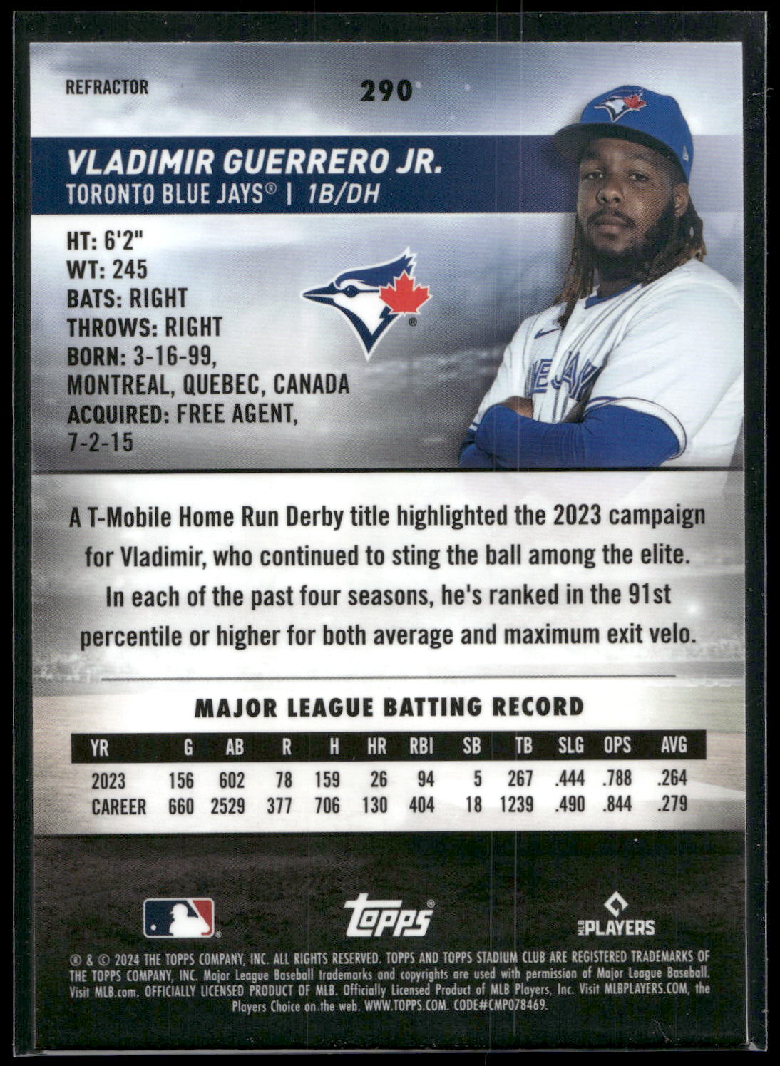 2024 Stadium Club #290 Vladimir Guerrero Jr. Chrome Refractors