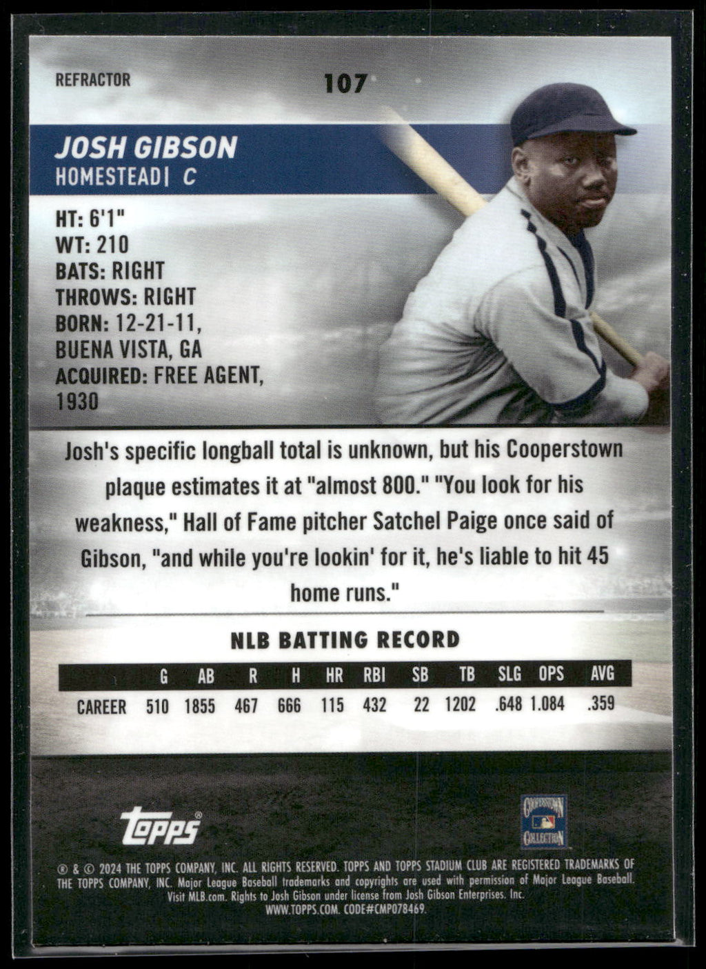 2024 Stadium Club #107 Josh Gibson Chrome Refractors