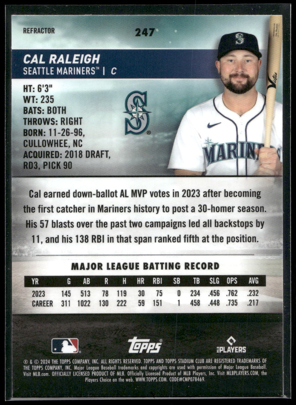 2024 Stadium Club #247 Cal Raleigh Chrome Refractors