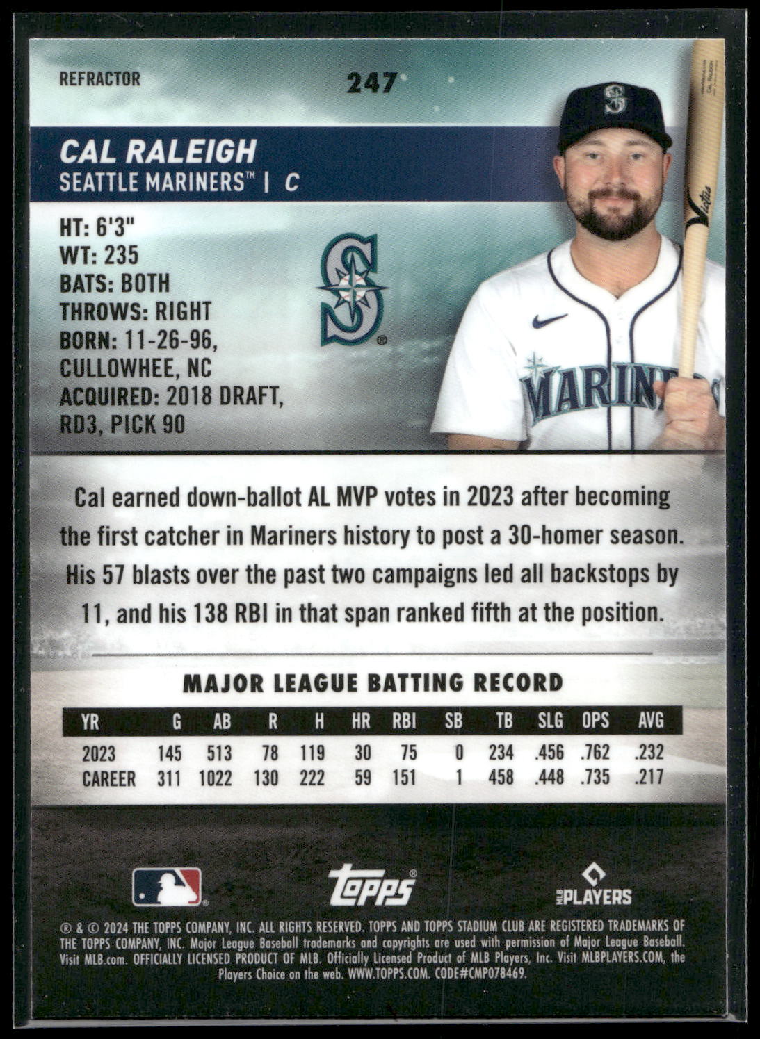 2024 Stadium Club #247 Cal Raleigh Chrome Refractors