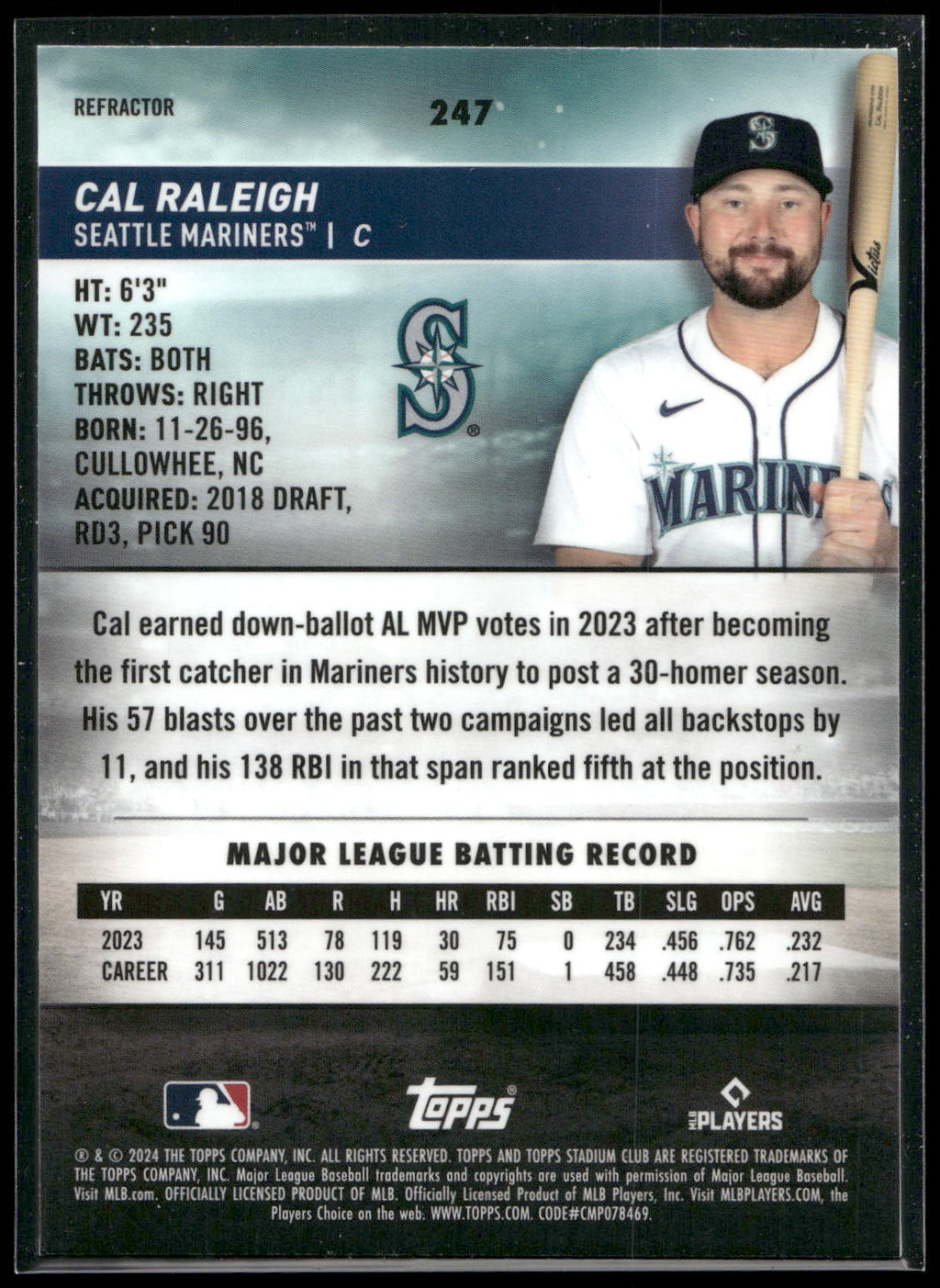 2024 Stadium Club #247 Cal Raleigh Chrome Refractors