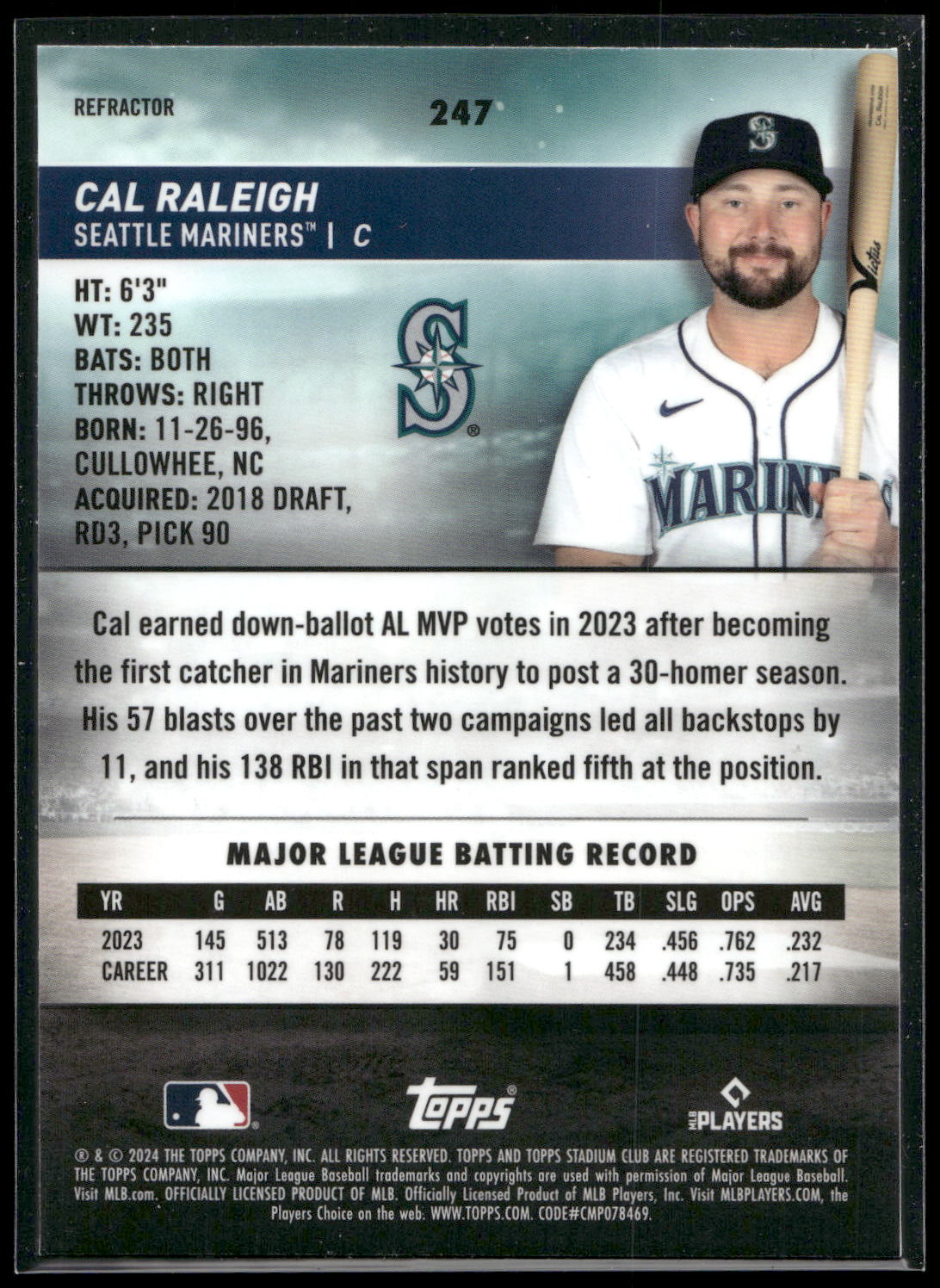 2024 Stadium Club #247 Cal Raleigh Chrome Refractors