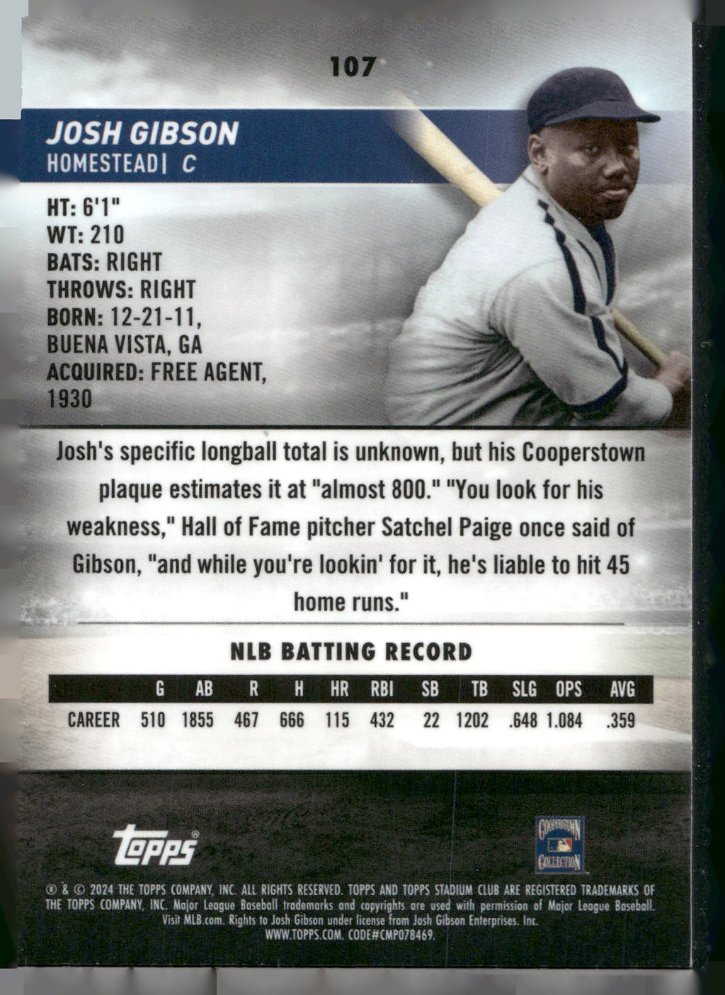 2024 Stadium Club #107 Josh Gibson Chrome Green Refractors