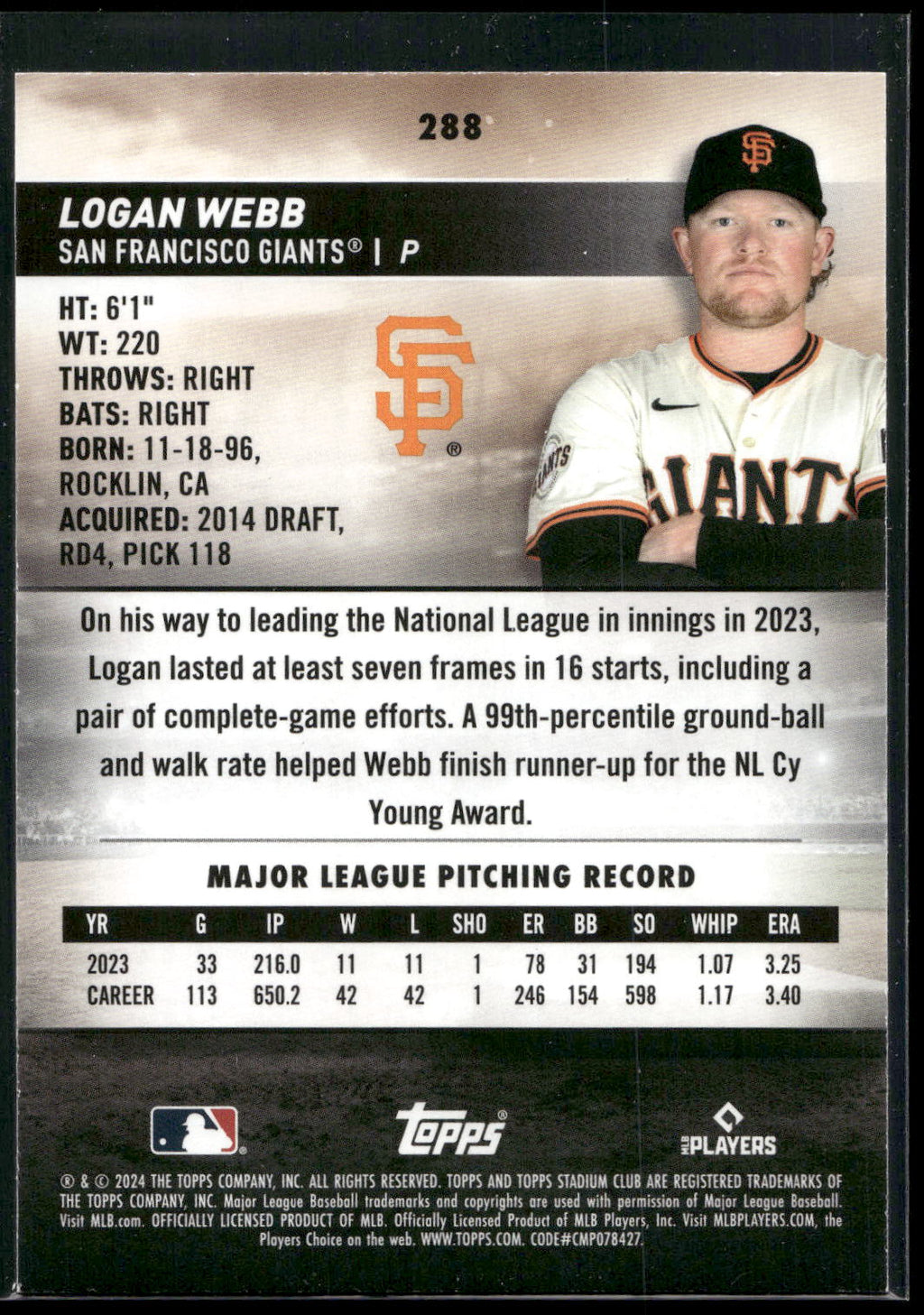 2024 Stadium Club #288 Logan Webb Black Foil