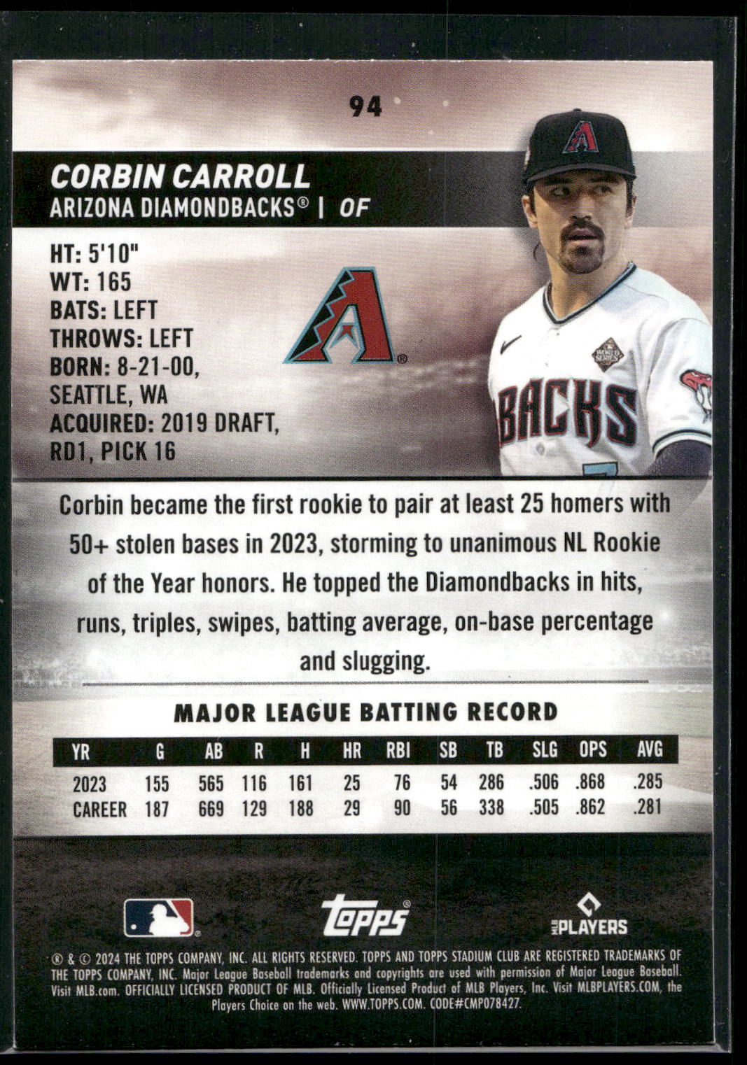 2024 Stadium Club #94 Corbin Carroll Black Foil
