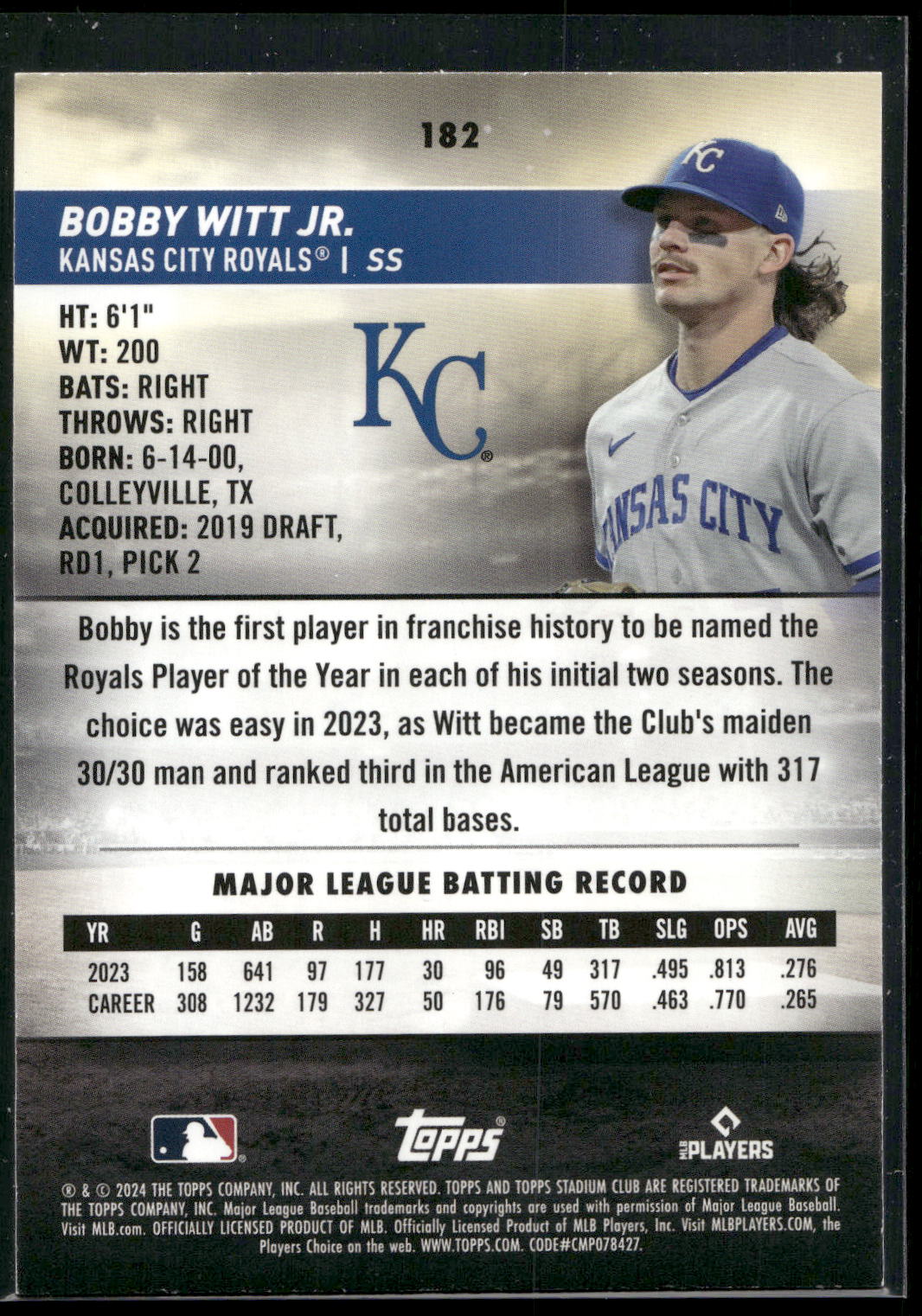 2024 Stadium Club #182 Bobby Witt Jr. Black Foil