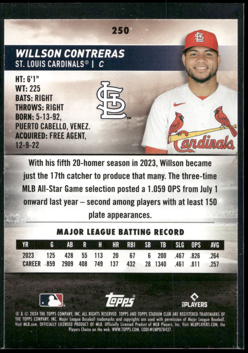 2024 Stadium Club #250 Willson Contreras Black Foil